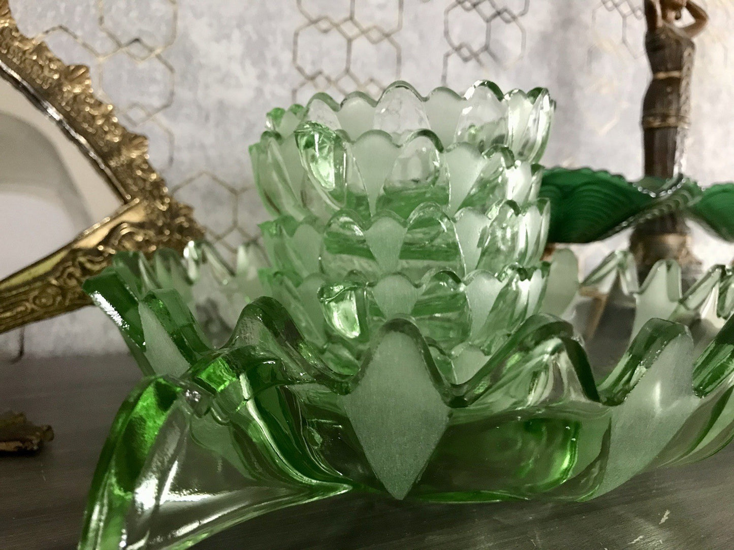 Antik Set grün Dessert Kompott Eis Schale 5x Schälchen Pressglas Art Déco Griffe