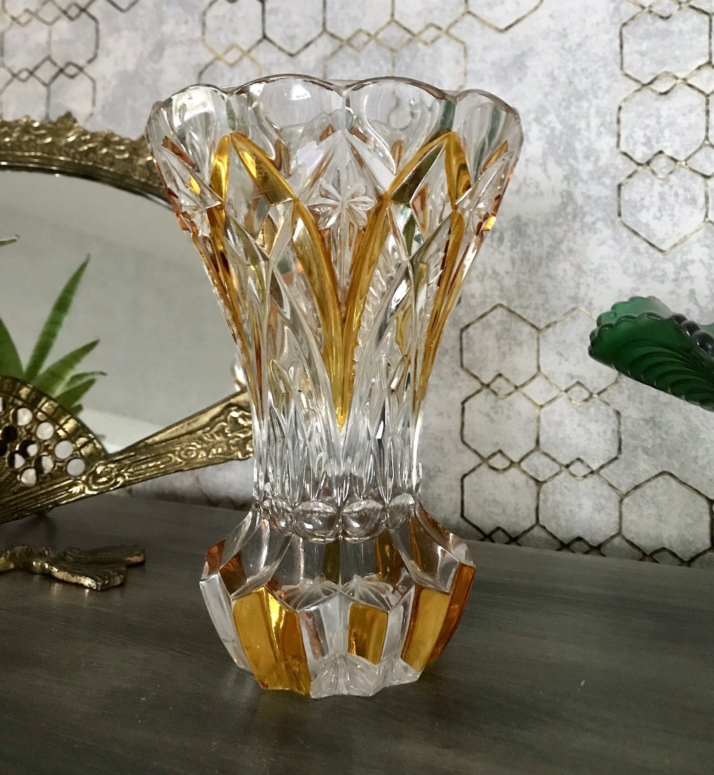 Antik alt Art Déco Stil Glasvase Bleikristall Vase Bernstein Gelbbeize Annahütte