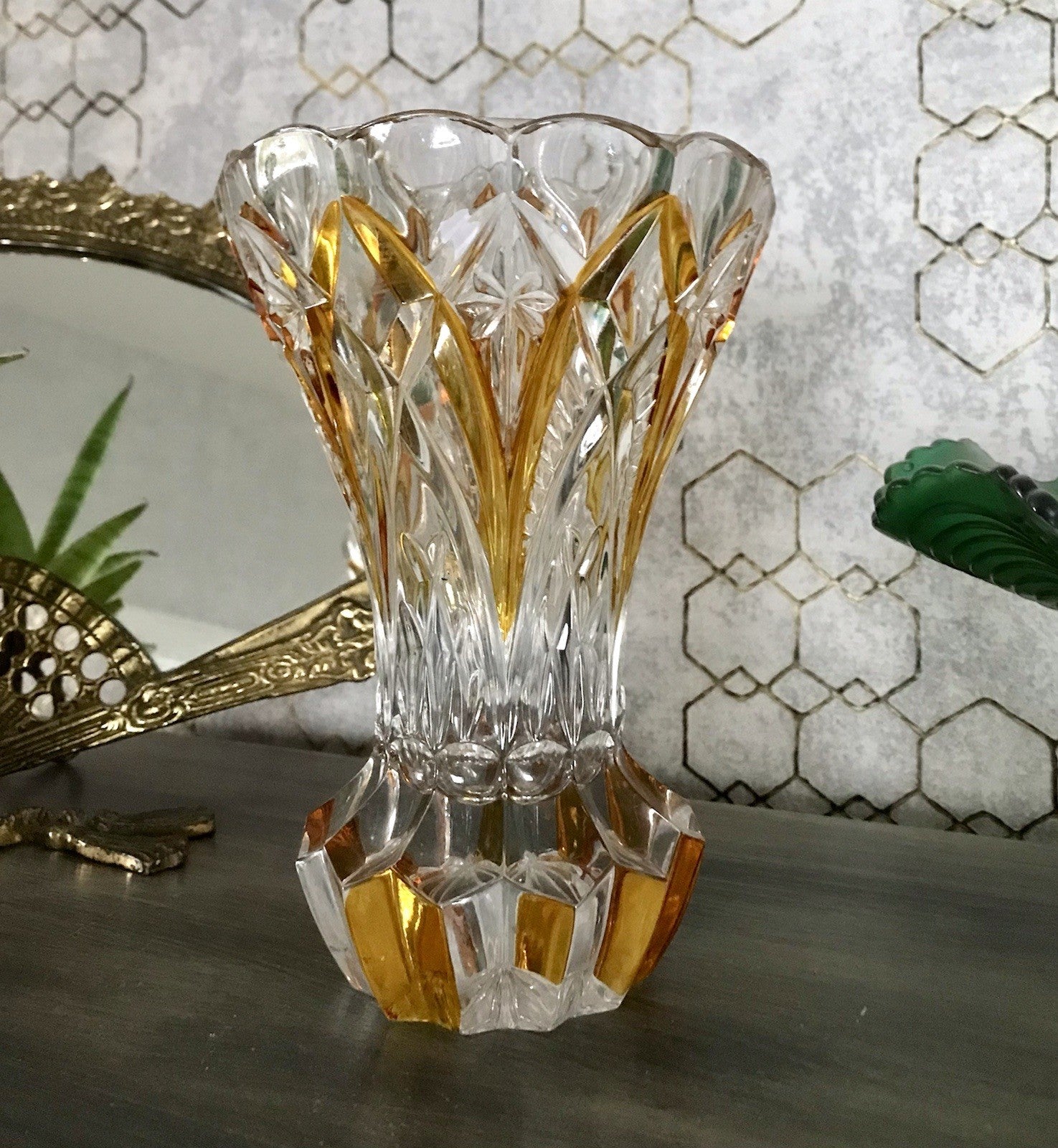 Antik alt Art Déco Stil Glasvase Bleikristall Vase Bernstein Gelbbeize Annahütte