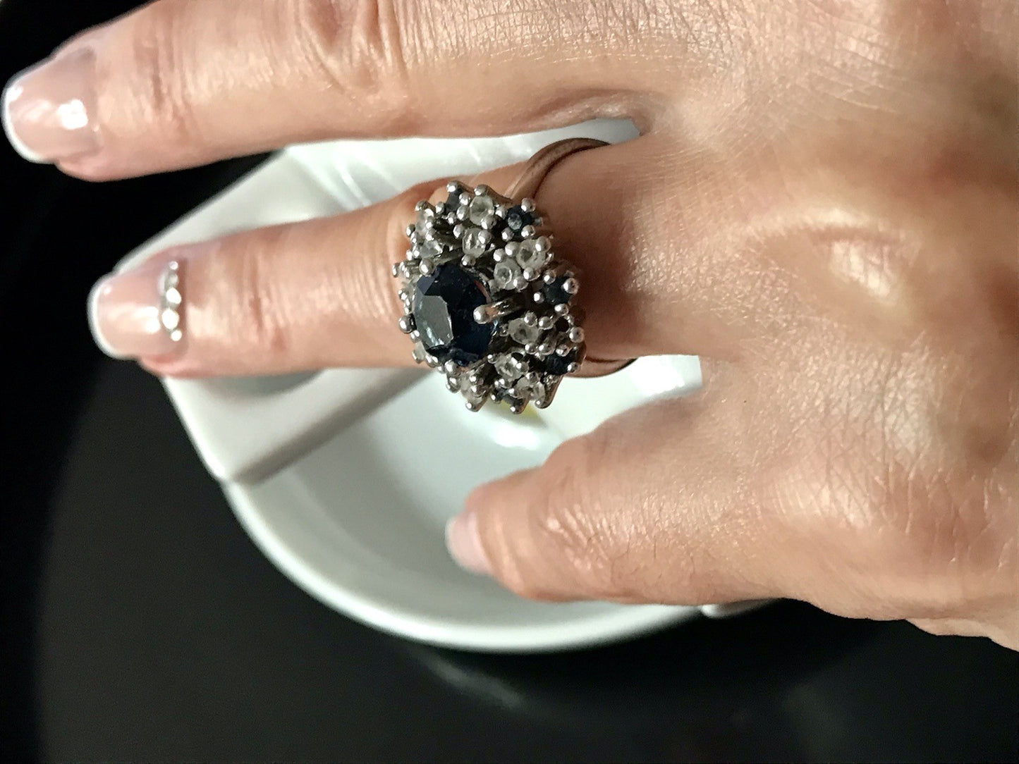 Vintage Entourage Halo Ring farblose Steine & Saphir Silber 835  ~Gr.55 17,5