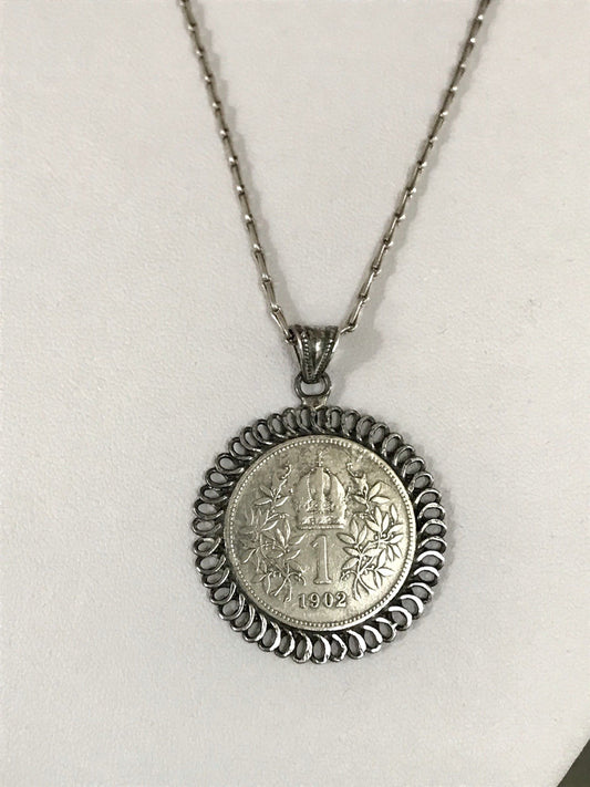 Antik Halskette Münze Kaiser Franz 1902 Anhänger Kettenanhänger Silber 835