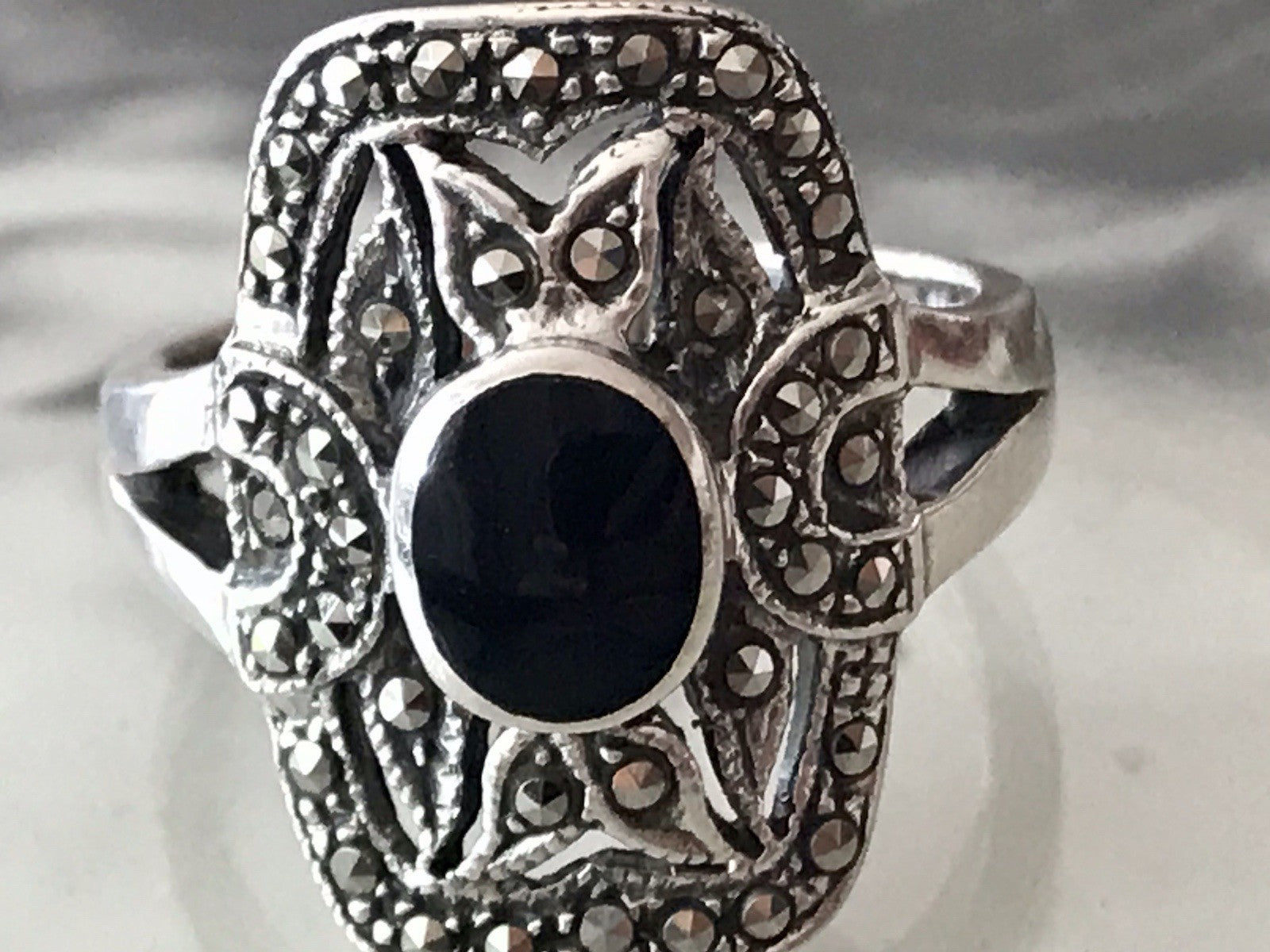 Antik Art Déco Damen Schiffchen Ring 925 Silber Gr.60 Onyx Markasite