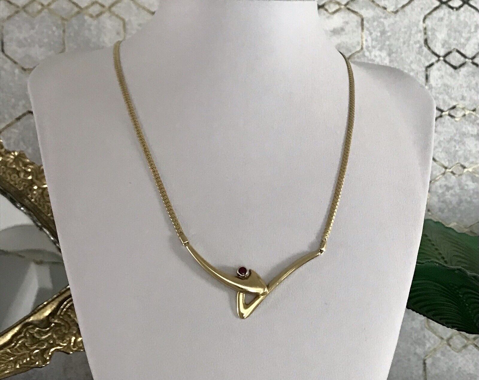 Alt Halskette Kette Amerikan. Doublè TeKa gold Collier roter Stein 50er 60er