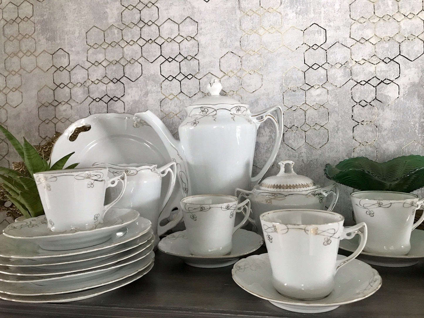 Antik reines Jugendstil Porzellan Kaffeeservice weiß gold 5 Pers. WOW!
