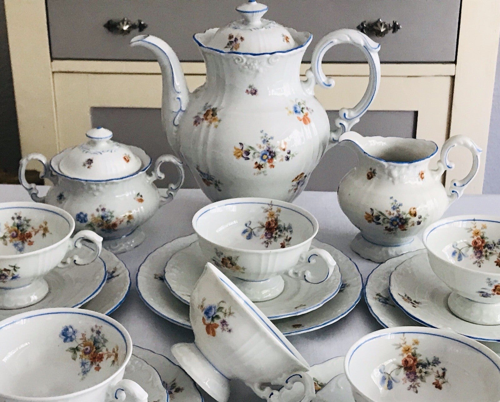Antik spätes Art Déco Porzellan Kaffeeservice Stadtlengsfeld Rhön 1949-52