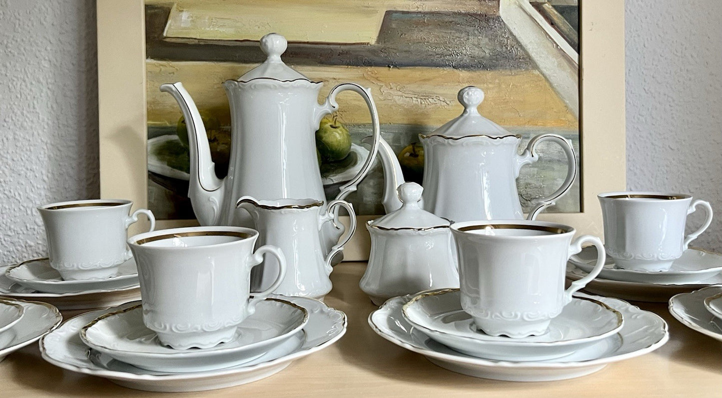 Vintage klassisches  Mitterteich Porzellan Kaffeeservice weiß gold 12 Pers. WOW!