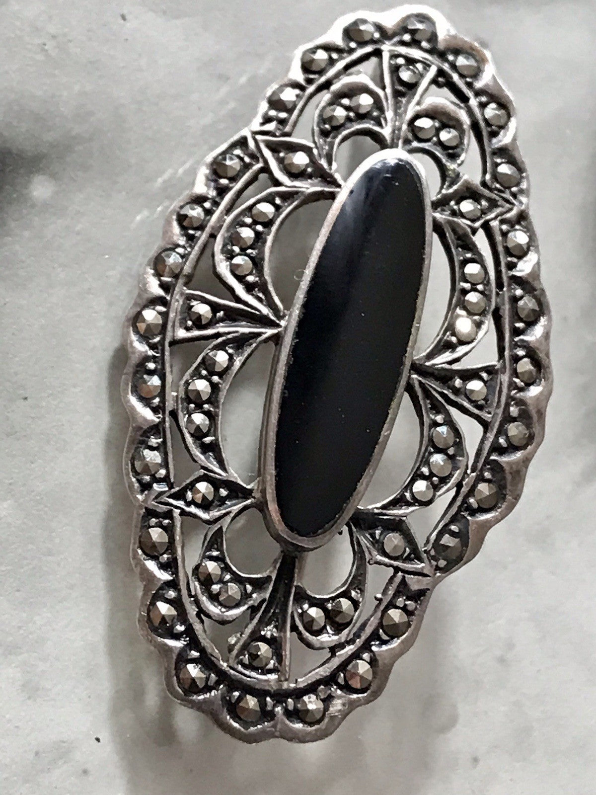 Antik Art Déco Edel Silber 925er Markasiten Onyx Edel Brosche