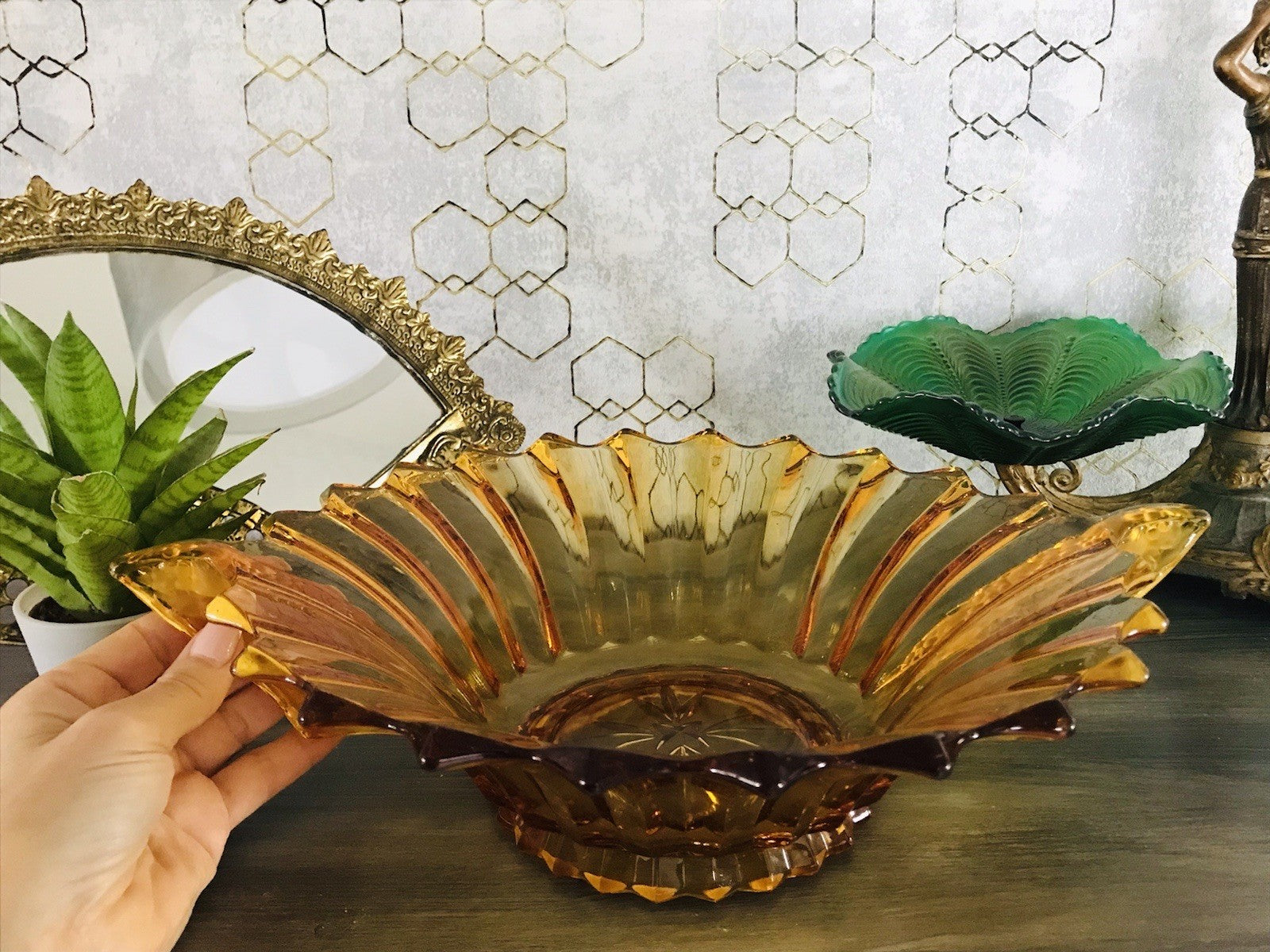 Antik Art Déco gelb Pressglas Schale Glas Brockwitz Prismen Fruchtschale 1941