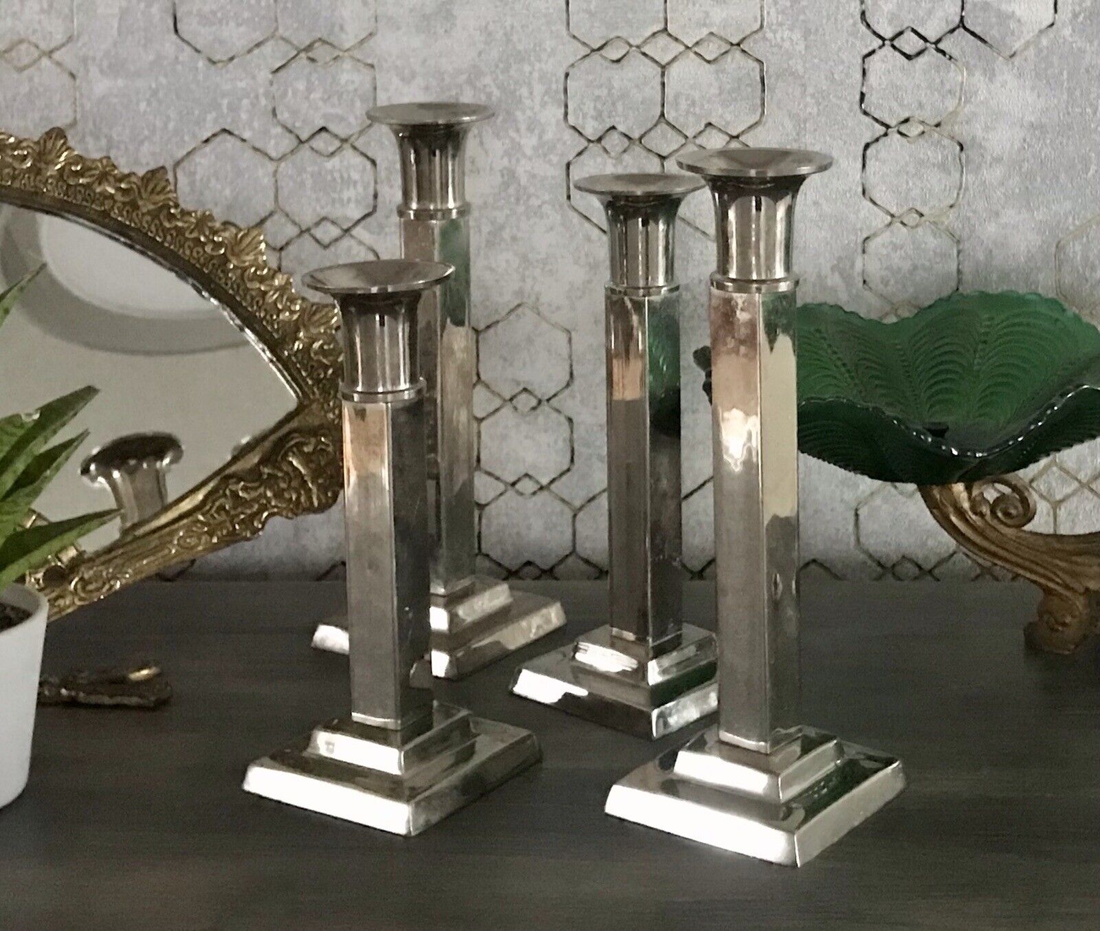4 Kerzenleuchter Kerzenständer Leuchter Art Déco Stil versilbert? kantig