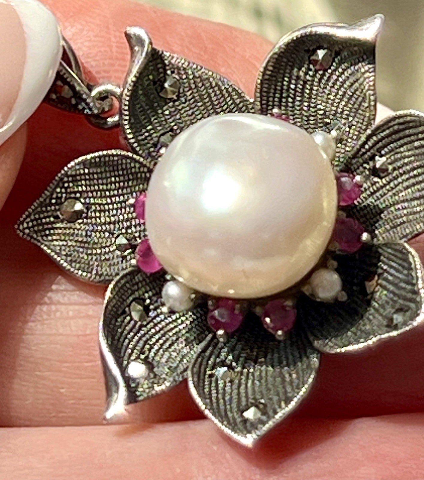 GROß rund Kettenanhänger Anhänger 925 Silber Perle Rubine Markasite Orchidee