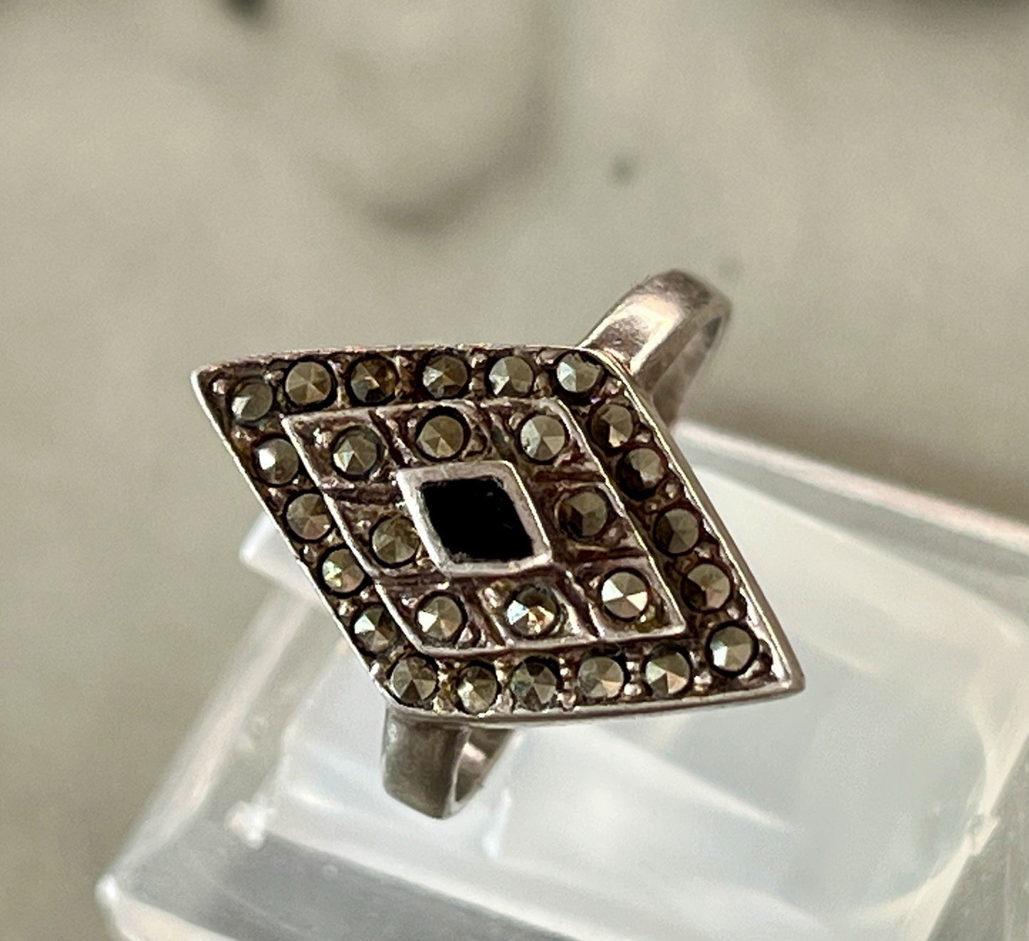 Antik Art Déco Edel Onyx Markasite DAMEN RING Silber 925 Gr.55