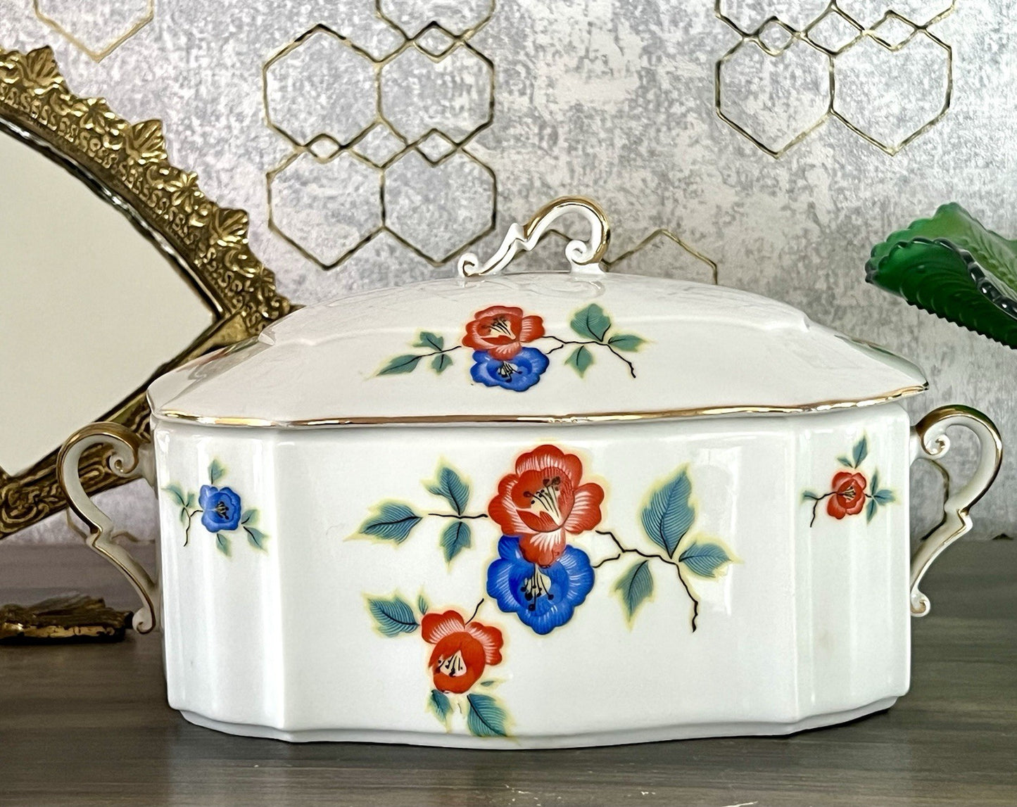 Antik Art Déco Porzellan Dose Deckeldose Schatulle Bonboniere gestempelt R Krone