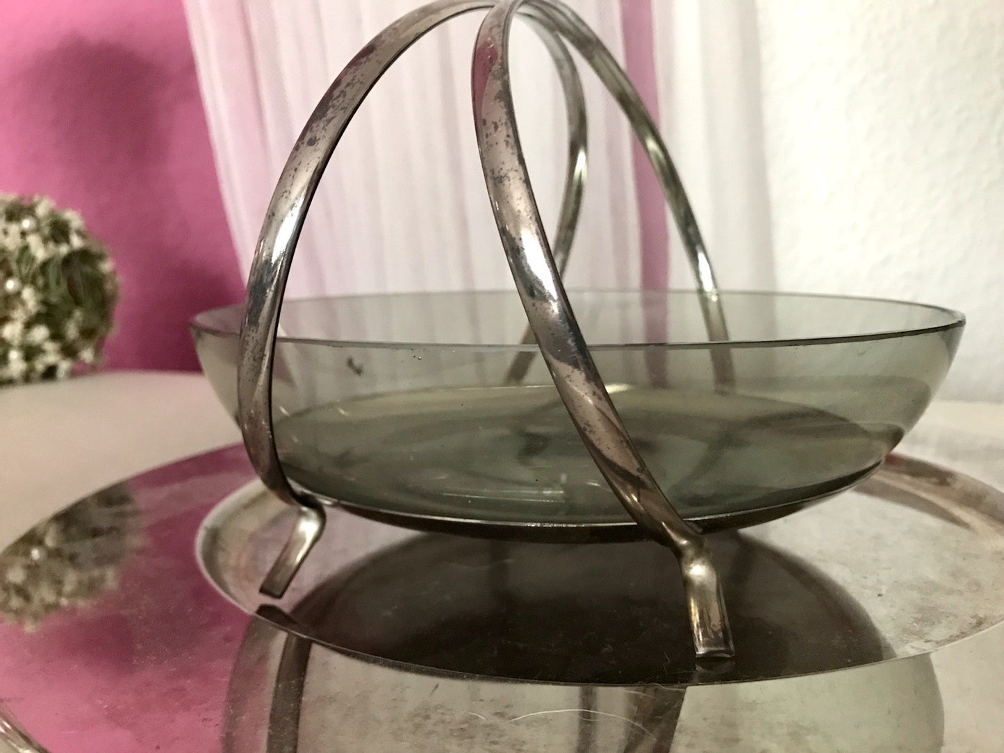 WMF ? Vintage Schale versilbert 50er 60er Mid Century Rauchglas Einsatz MCM