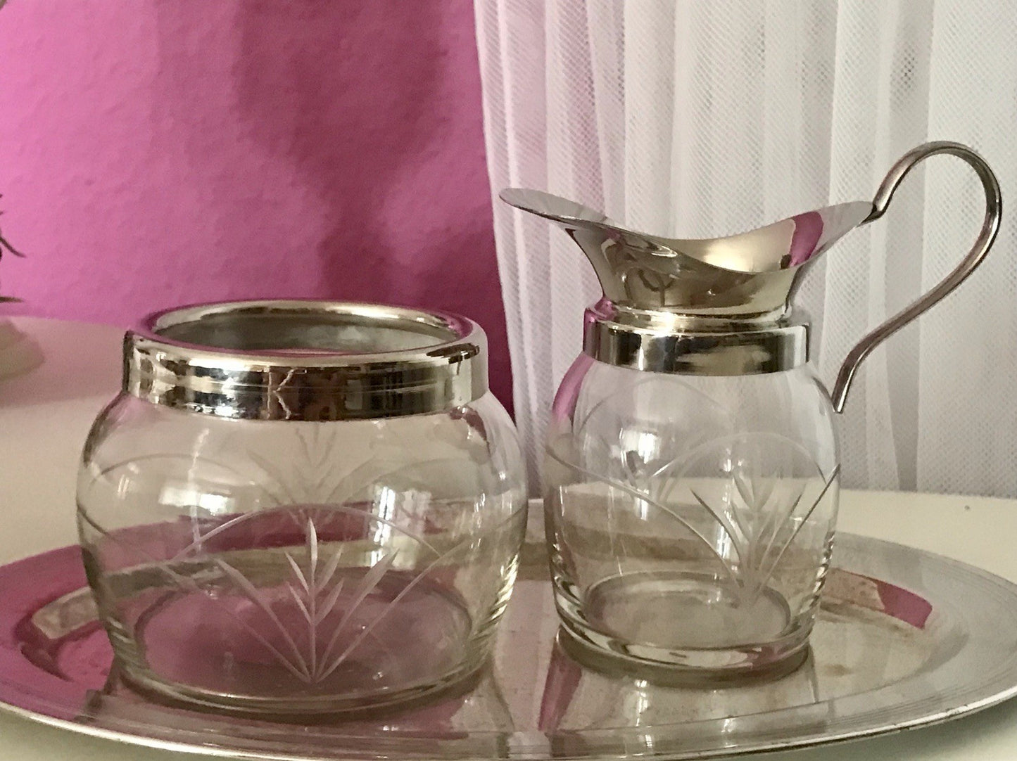Antik Jugendstil 3 Teile Milch& Zucker Tablett Metallmontur & Glas geschliffen