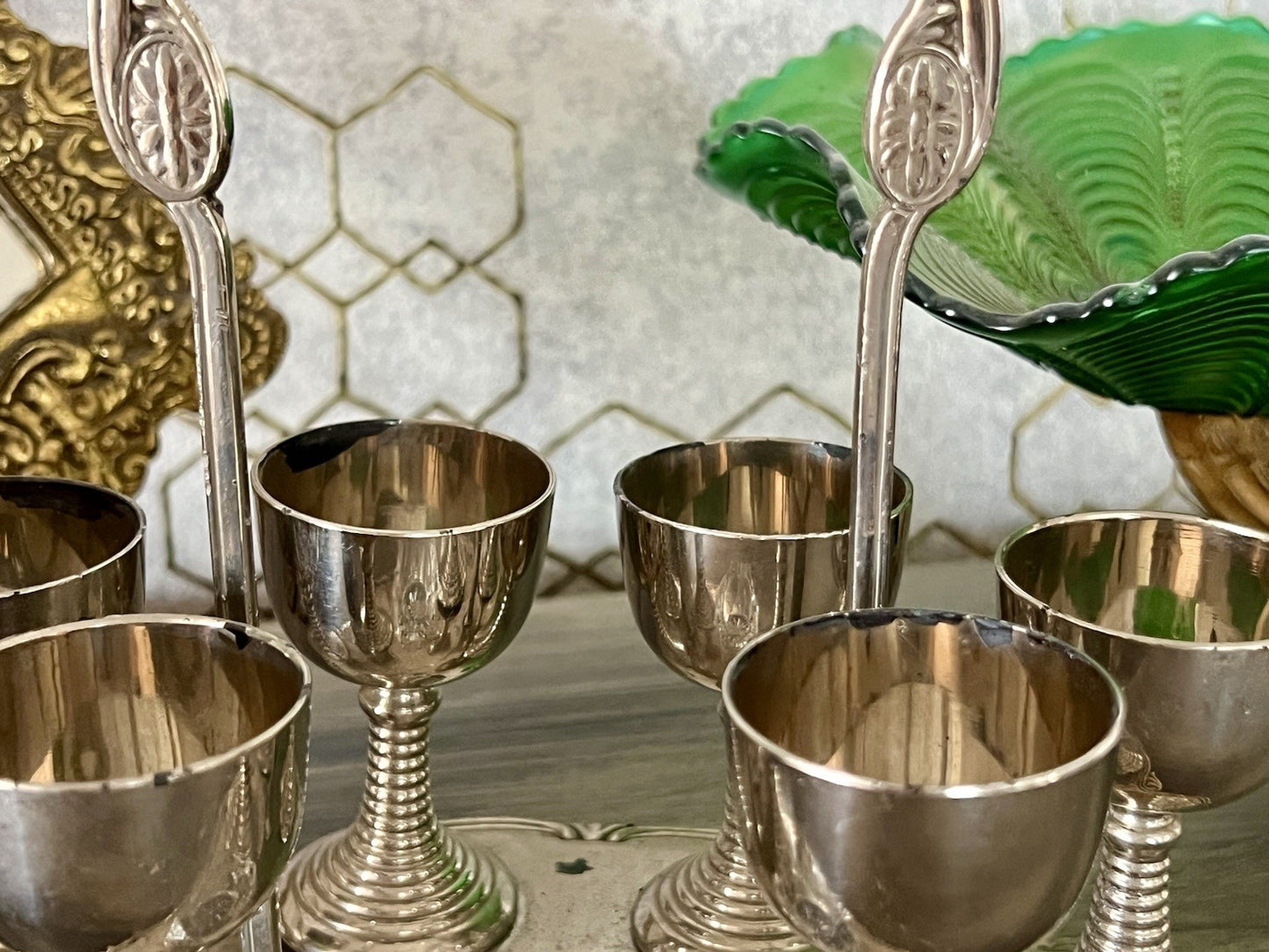 Antik Menage Eiermenage Frühstück Metallmontur Glaseinsatz 6 Eierbecher