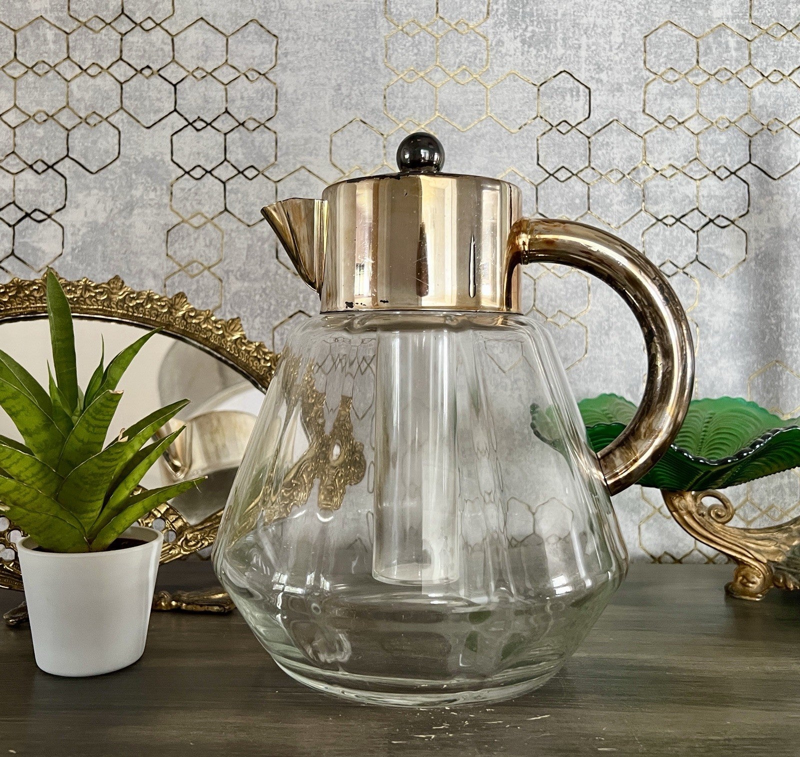 Antik Art Dèco DRGM Karaffe Kalte Ente  Glas optisch gerippt versilberte Montur