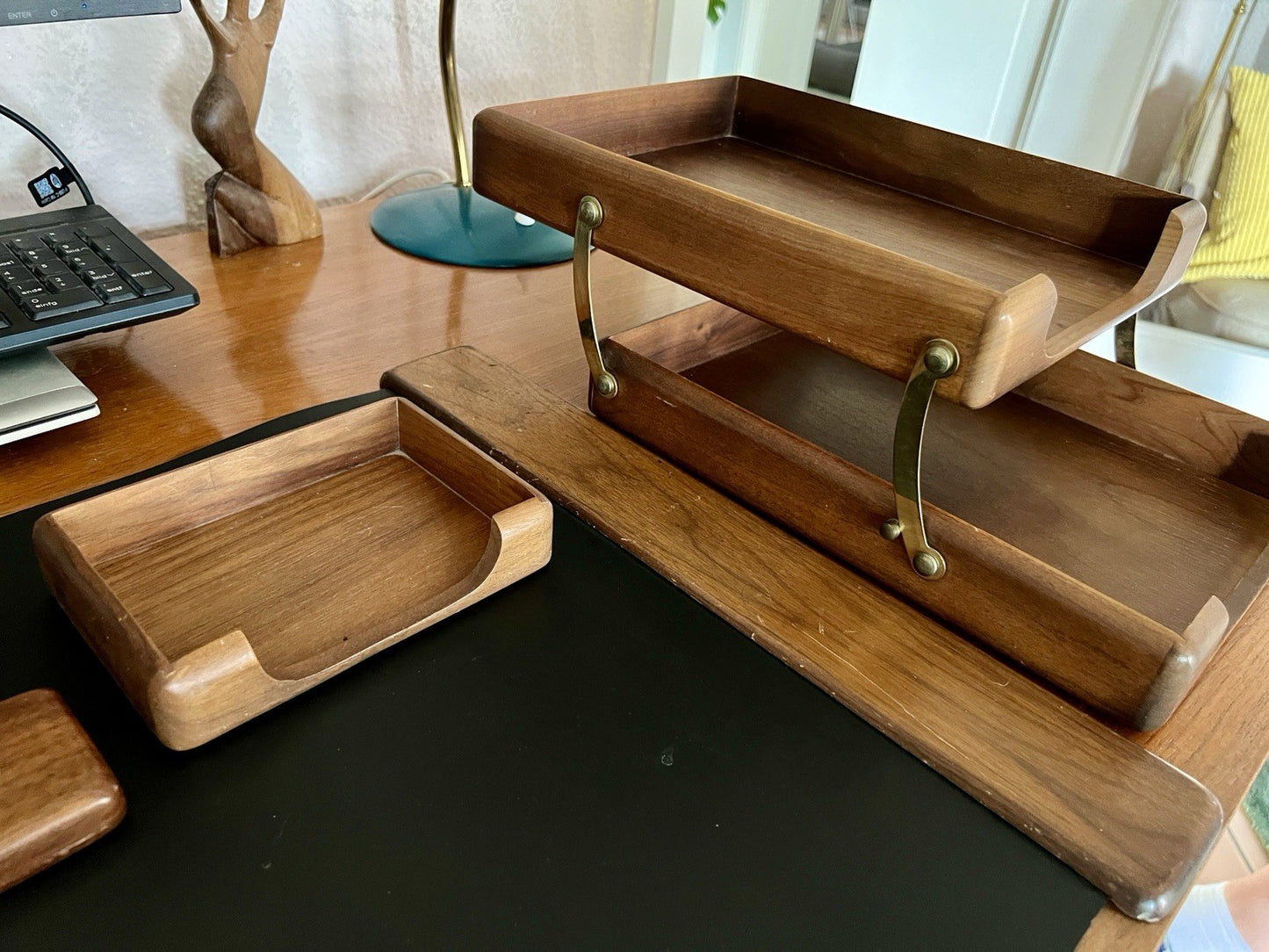 Vintage Schreibtisch Garnitur Organizer Holz Ablage Stifthalter Schreibauflage