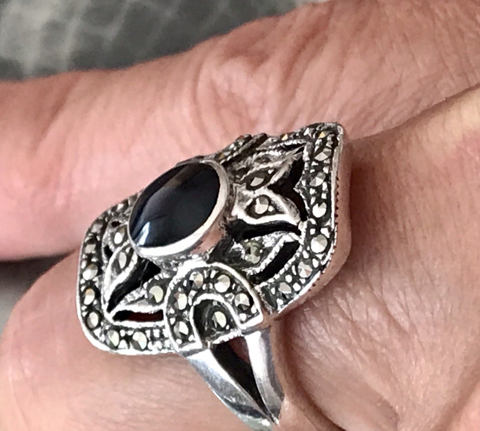 Antik Art Déco Damen Schiffchen Ring 925 Silber Gr.60 Onyx Markasite