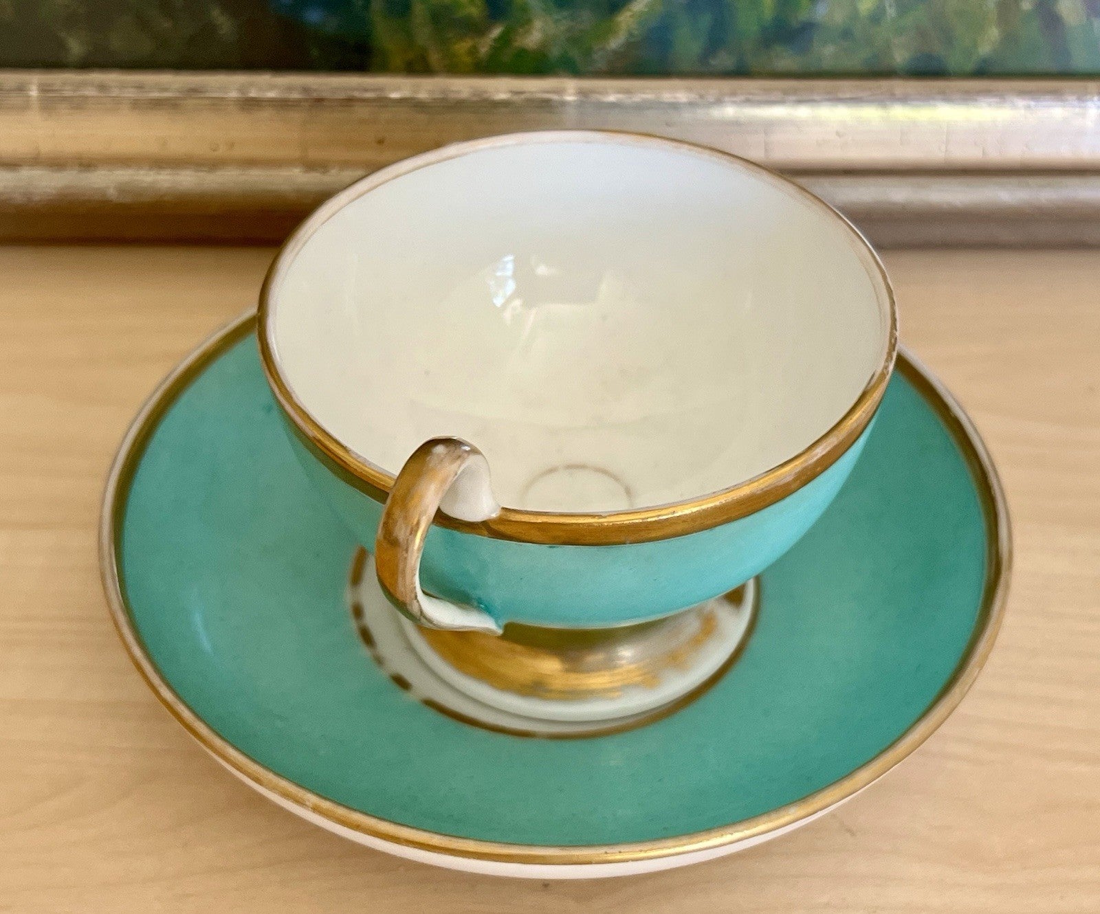 Antik Biedermeier Porzellan Kaffeegedeck Tasse Teetasse schön weiß türkis gold!