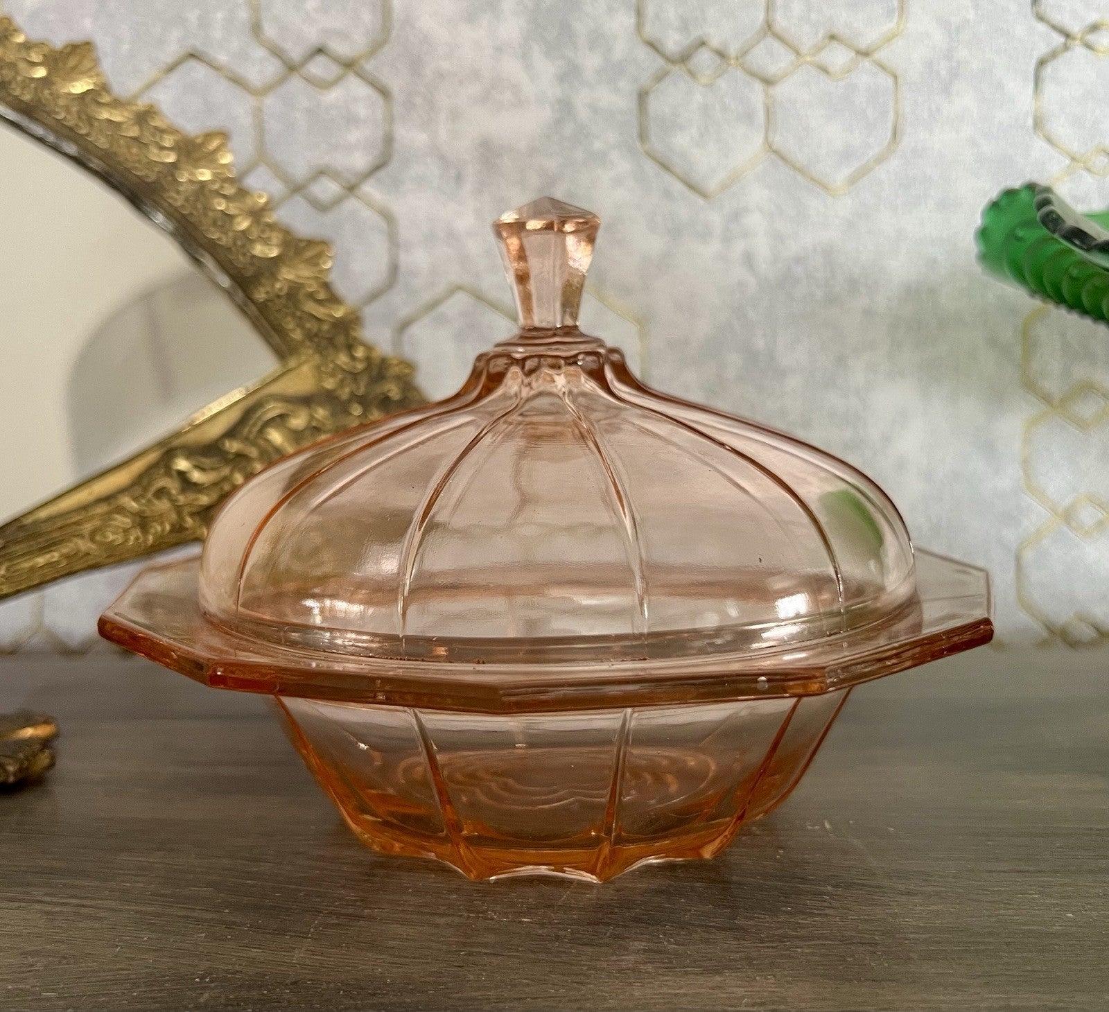 Antik Art Déco Dose Deckeldose Rosalin Rosa Pressglas