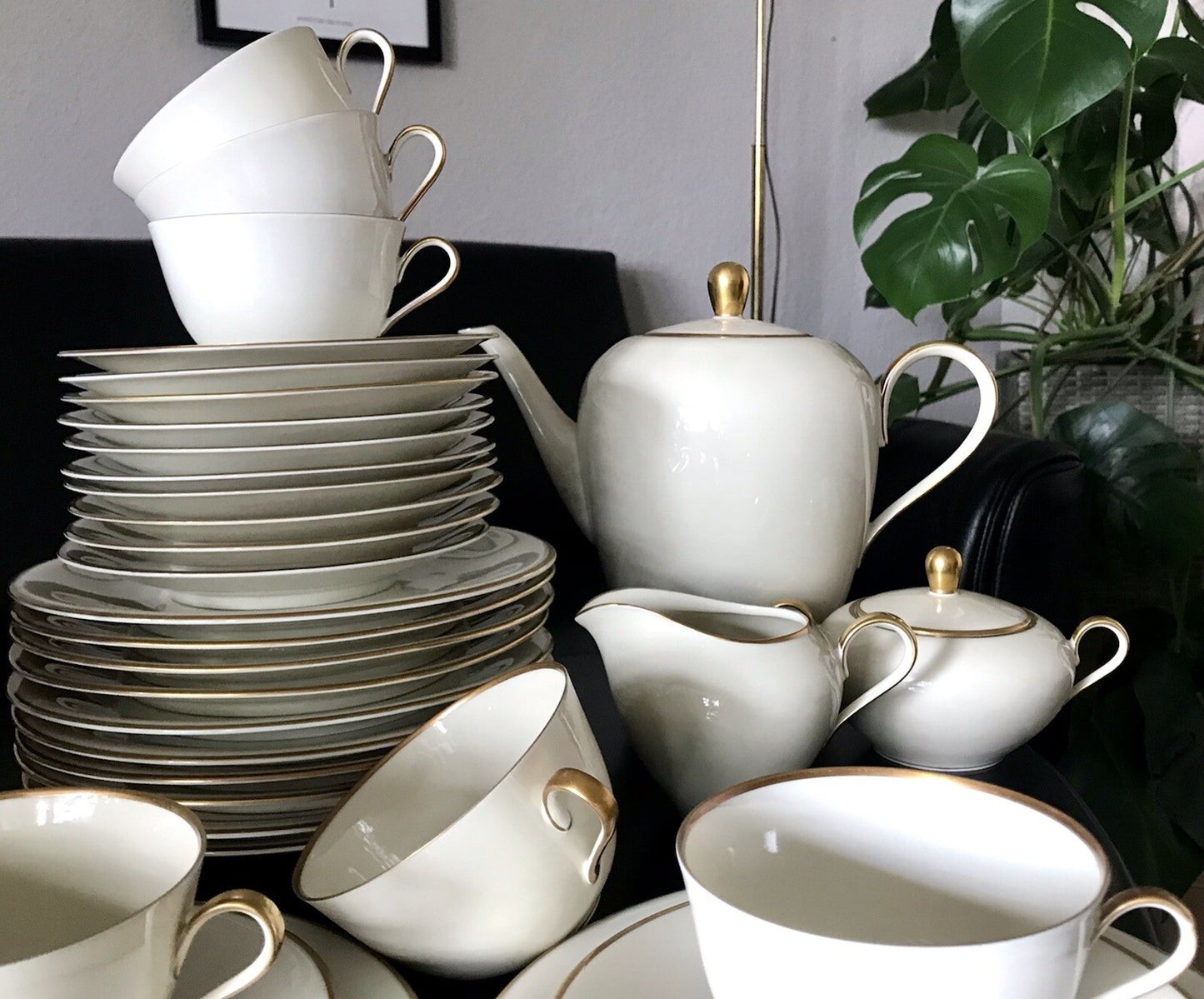 Vintage Art Déco elfenbein Porzellan Kaffeeservice Service 12 Pers. Edelstein