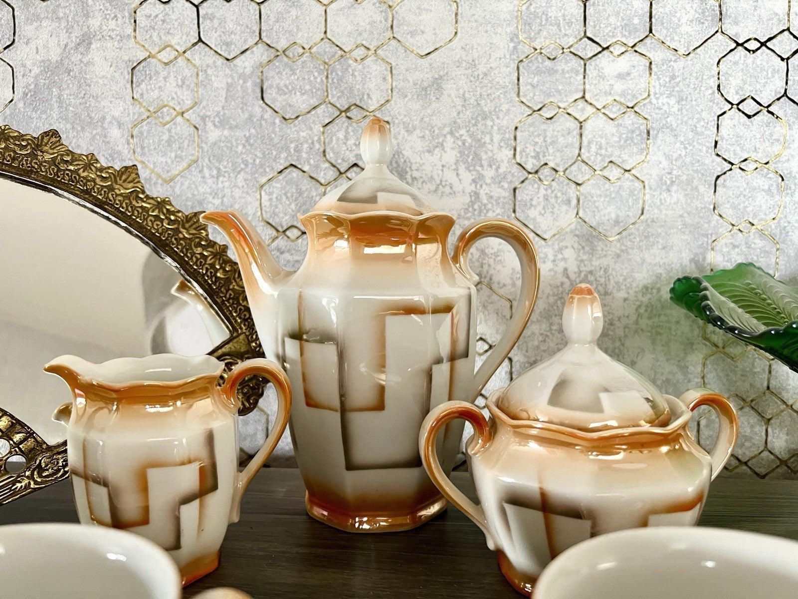 Antik Art Déco Porzellan Kaffeeservice Spritzdekor Bauhaus Teté a Téte 2 Pers.