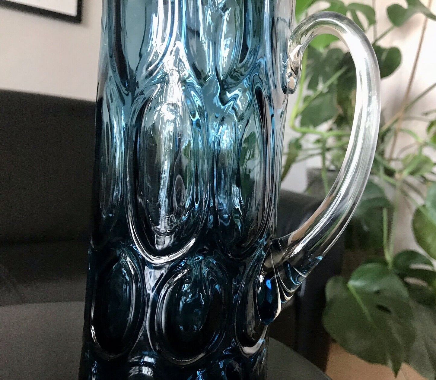 Vintage Designer 60er Krug Kanne Karaffe Space Age Glas Bubble Struktur blau