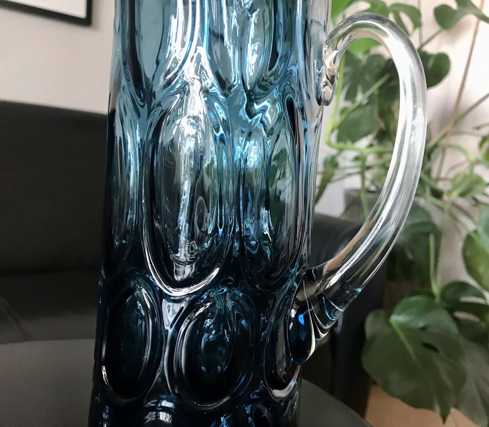 Vintage Designer 60er Krug Kanne Karaffe Space Age Glas Bubble Struktur blau