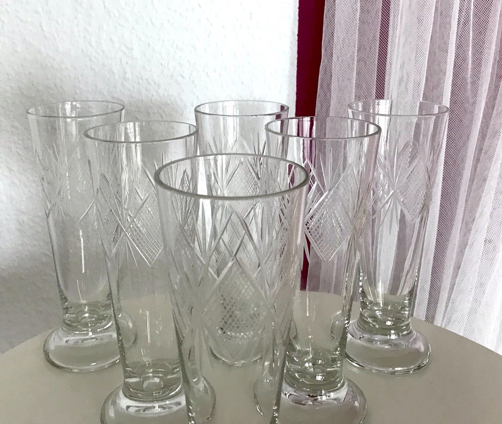 Antik 6x Fußbecher Fußrand-Becher mundgebl. Pokalgläser Kristallglas? Schliff