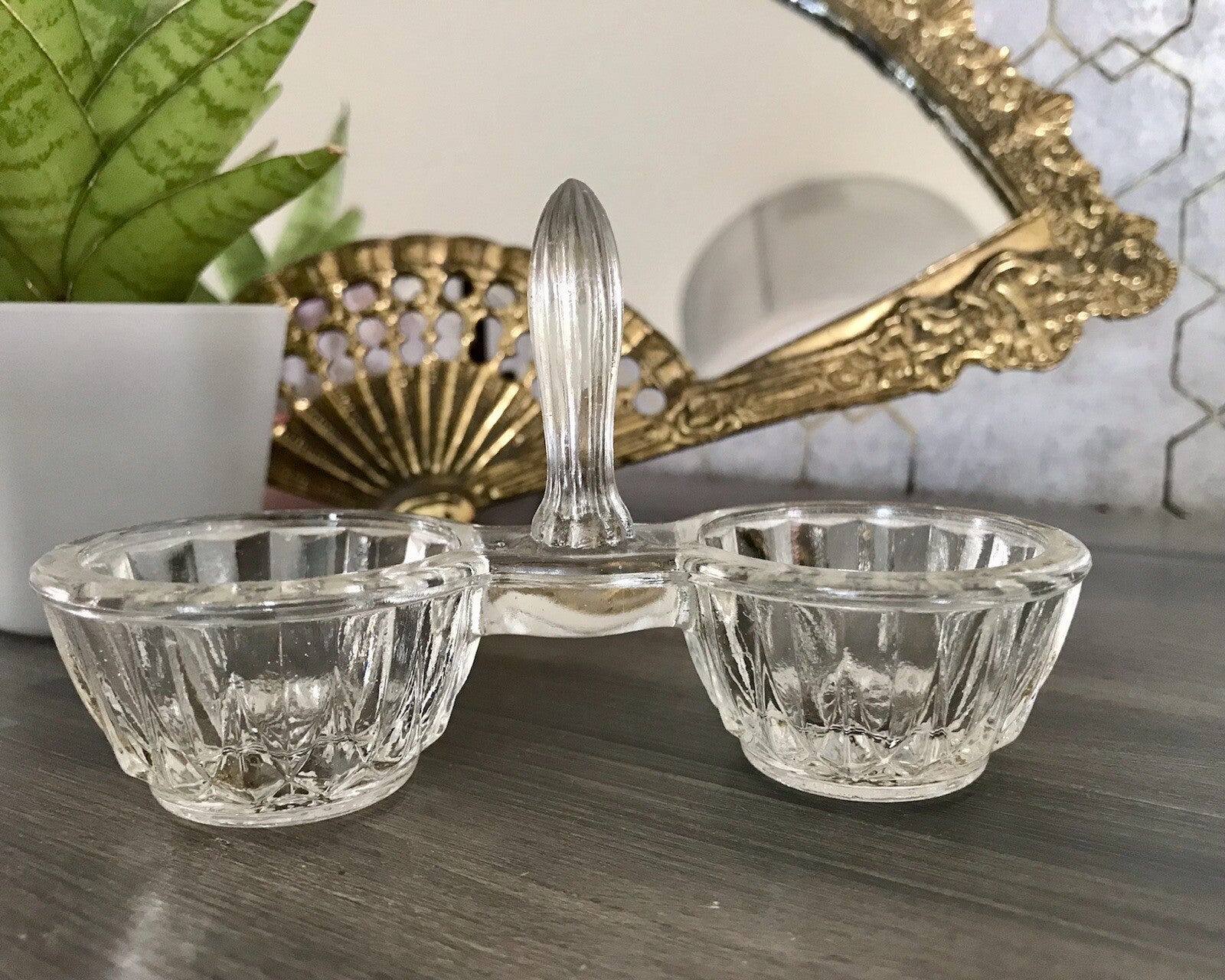 Antik Art Déco Pressglas Salz & Pfeffer Menage Saliere Gewürzständer Glas