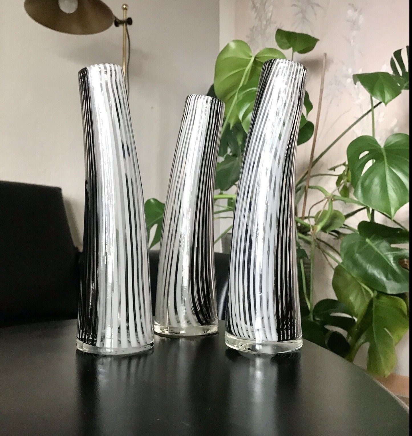 Vintage 3x Dino Martens Vase Glasvase Bianca Nero Streifen Glaskunst Murano