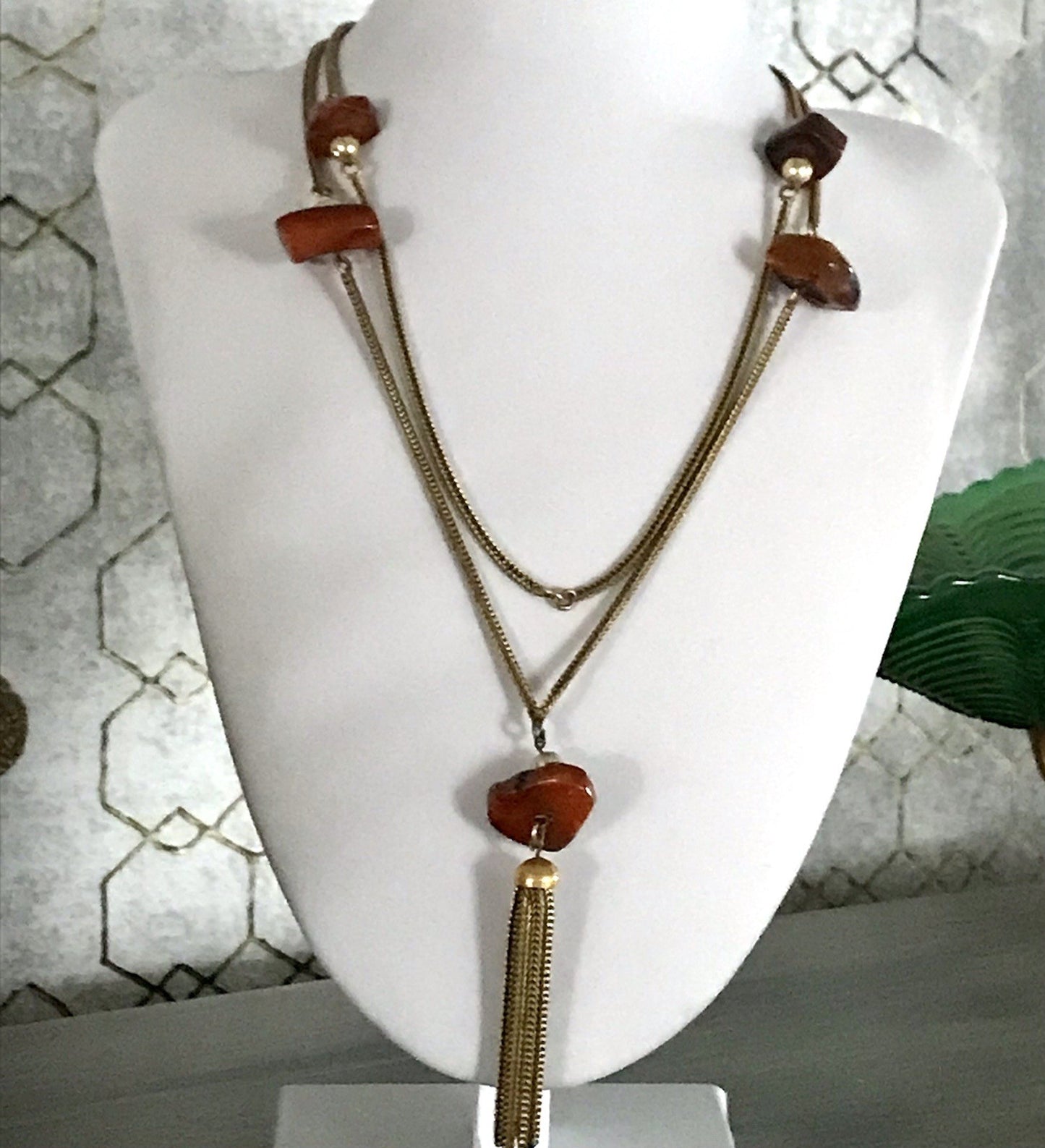 Vintage 60er Halskette Amerik. Doublè gold Steine Bernstein? Achate? SCHÖN