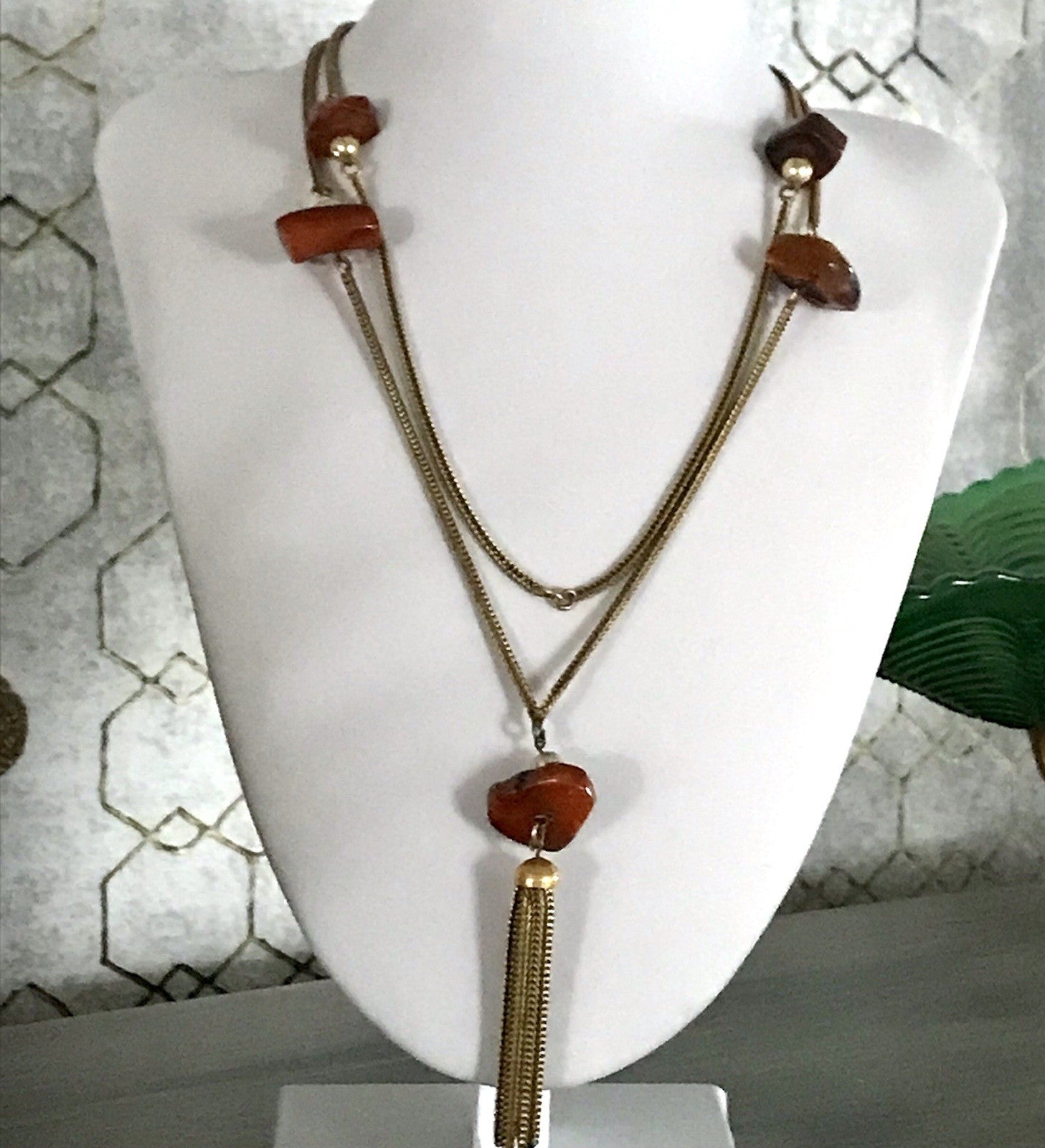 Vintage 60er Halskette Amerik. Doublè gold Steine Bernstein? Achate? SCHÖN