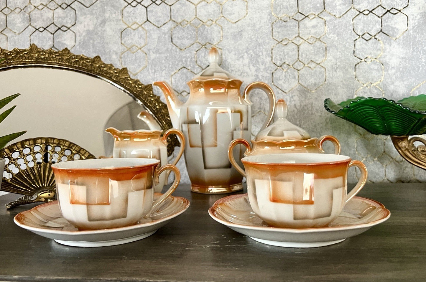 Antik Art Déco Porzellan Kaffeeservice Spritzdekor Bauhaus Teté a Téte 2 Pers.