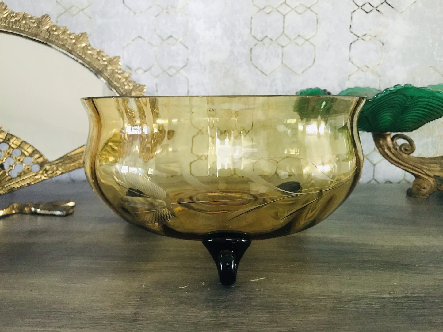 Antik Art Déco Schale Glasschale Bernstein Gelb schwarz Glas gerippt & Schliff
