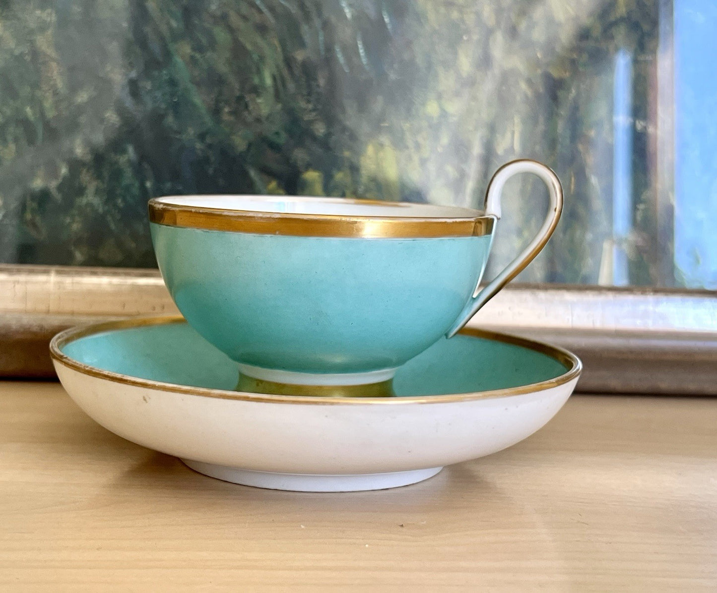 Antik Biedermeier Porzellan Kaffeegedeck Tasse Teetasse schön weiß türkis gold!