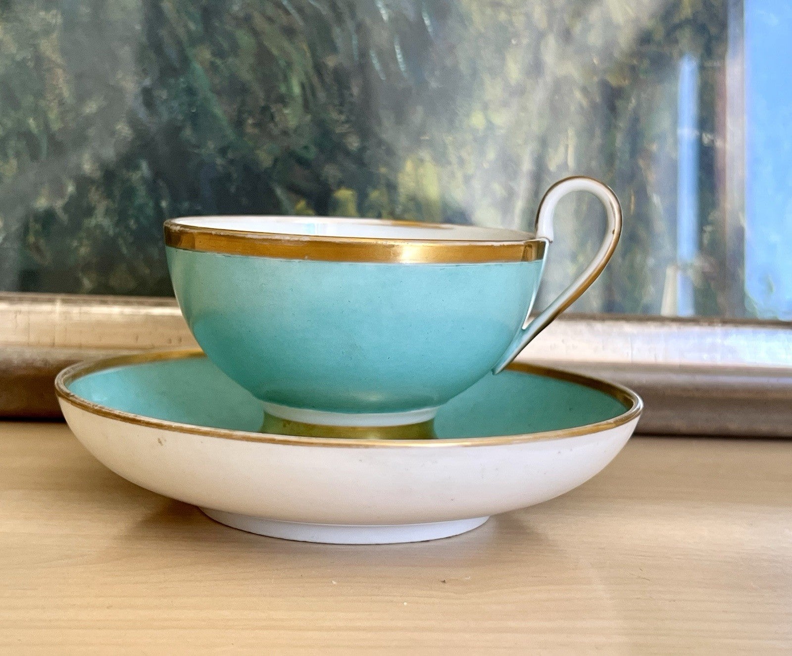 Antik Biedermeier Porzellan Kaffeegedeck Tasse Teetasse schön weiß türkis gold!