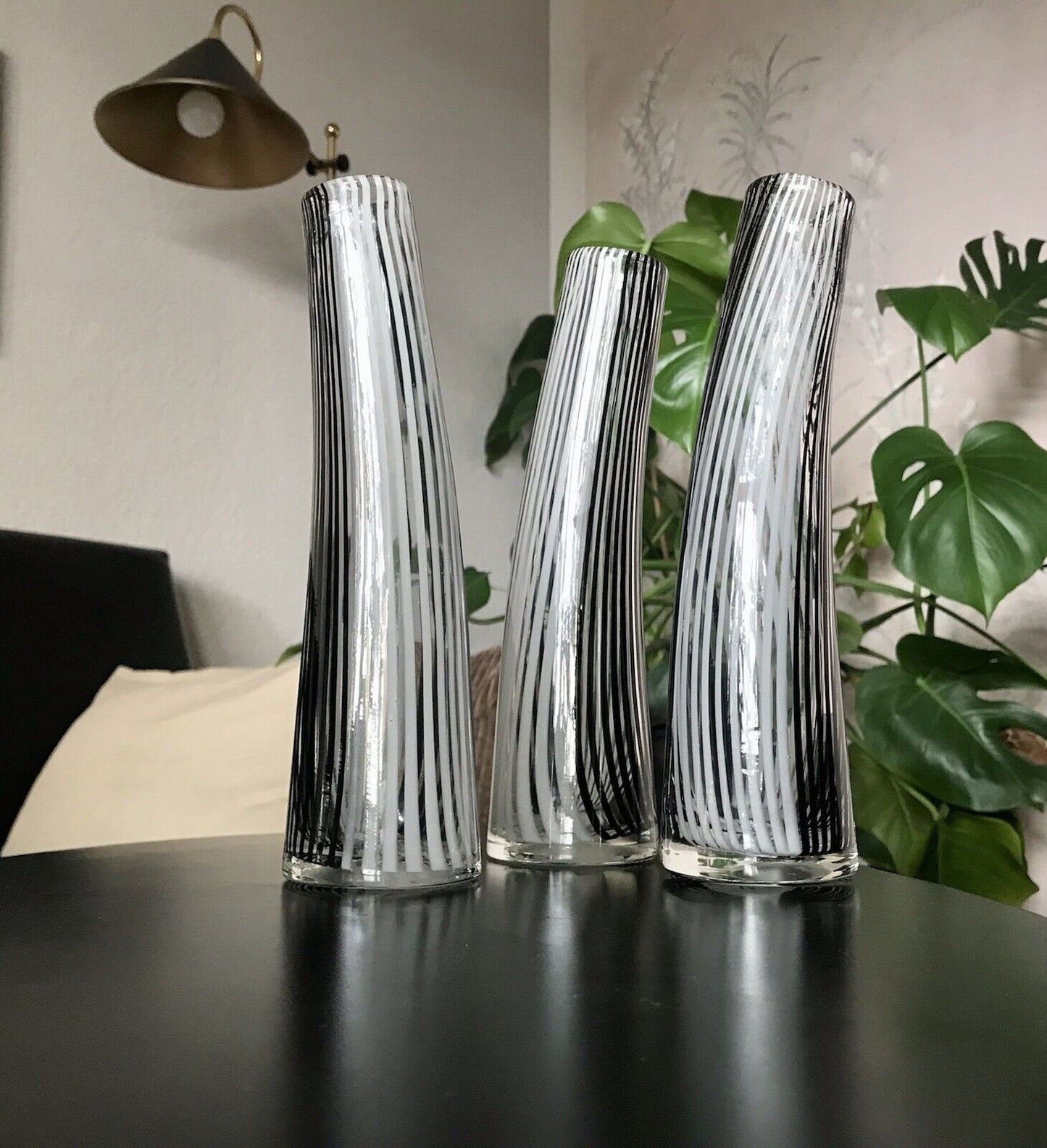 Vintage 3x Dino Martens Vase Glasvase Bianca Nero Streifen Glaskunst Murano