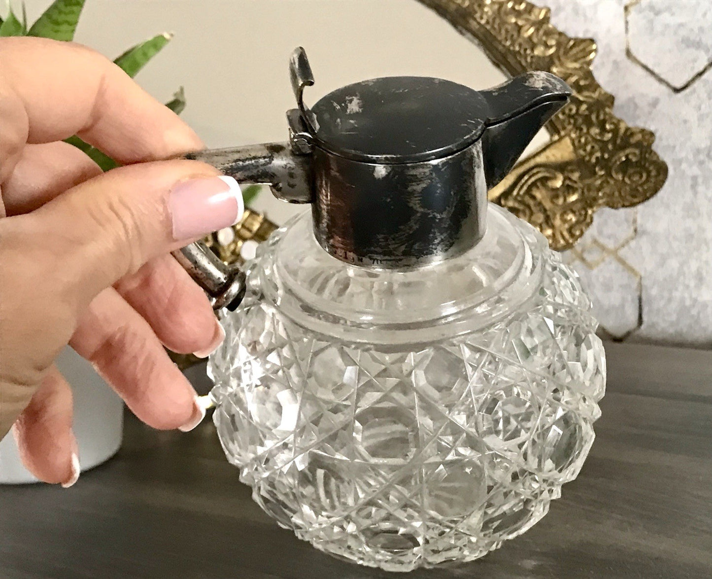 Antik EDEL Schliff Karaffe Kännchen Silber 800 Kristall Glaseinsatz Jugendstil