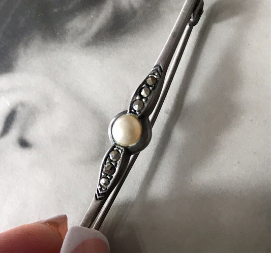 Antik Art Déco Edel Stabbrosche 835 Silber Brosche Markasiten Perle So Schön!