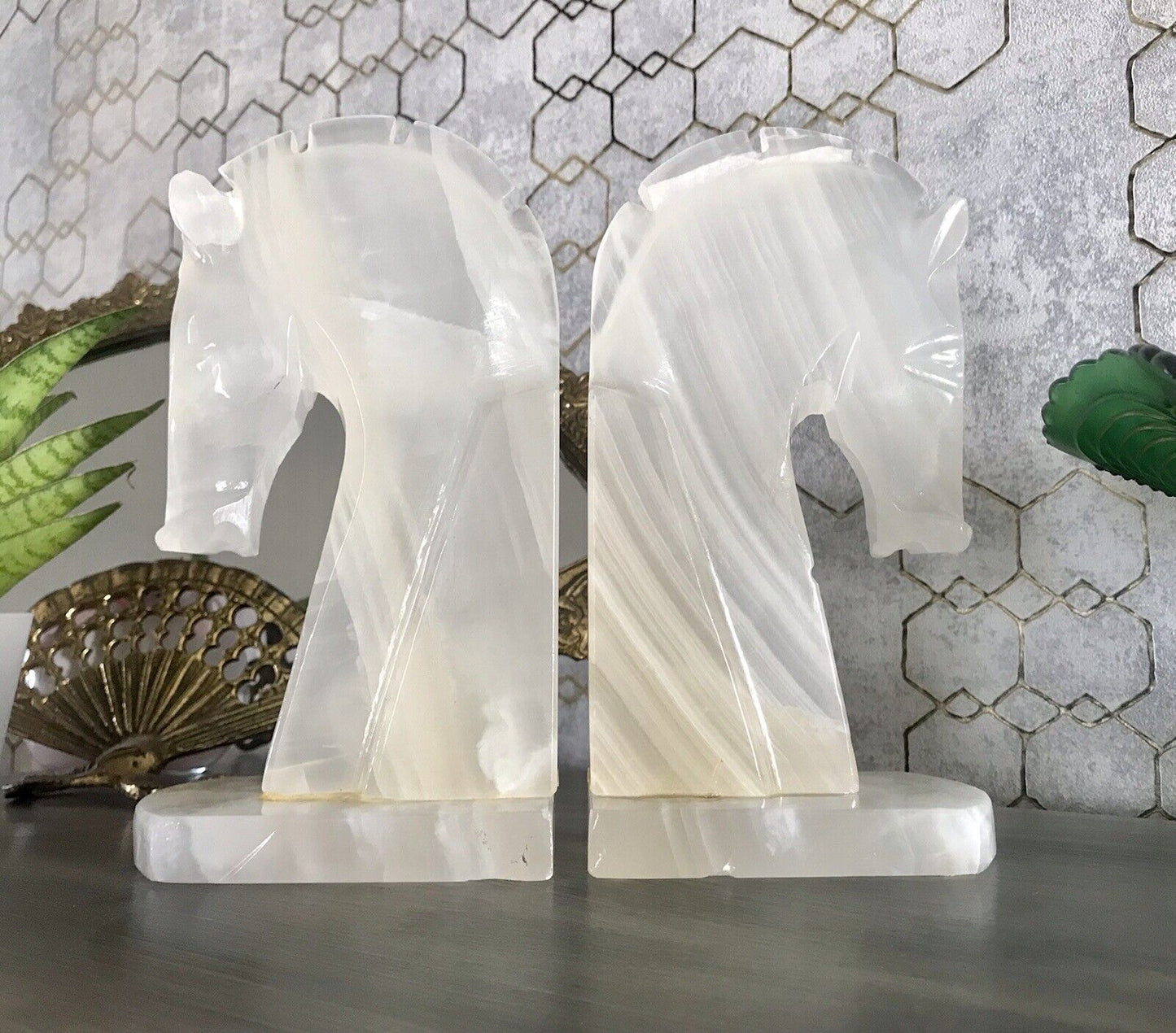Vintage Alabaster 2 Buchstützen  weißer Onyx wundervoll! 60er 70er