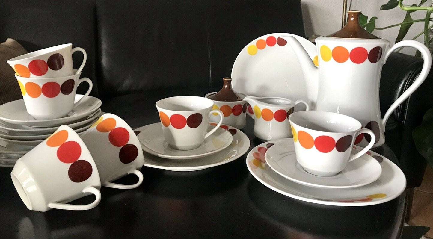 Alt Vintage 70er Seltmann Porzellan Kaffeeservice weiß bunte Kreise 6 Personen