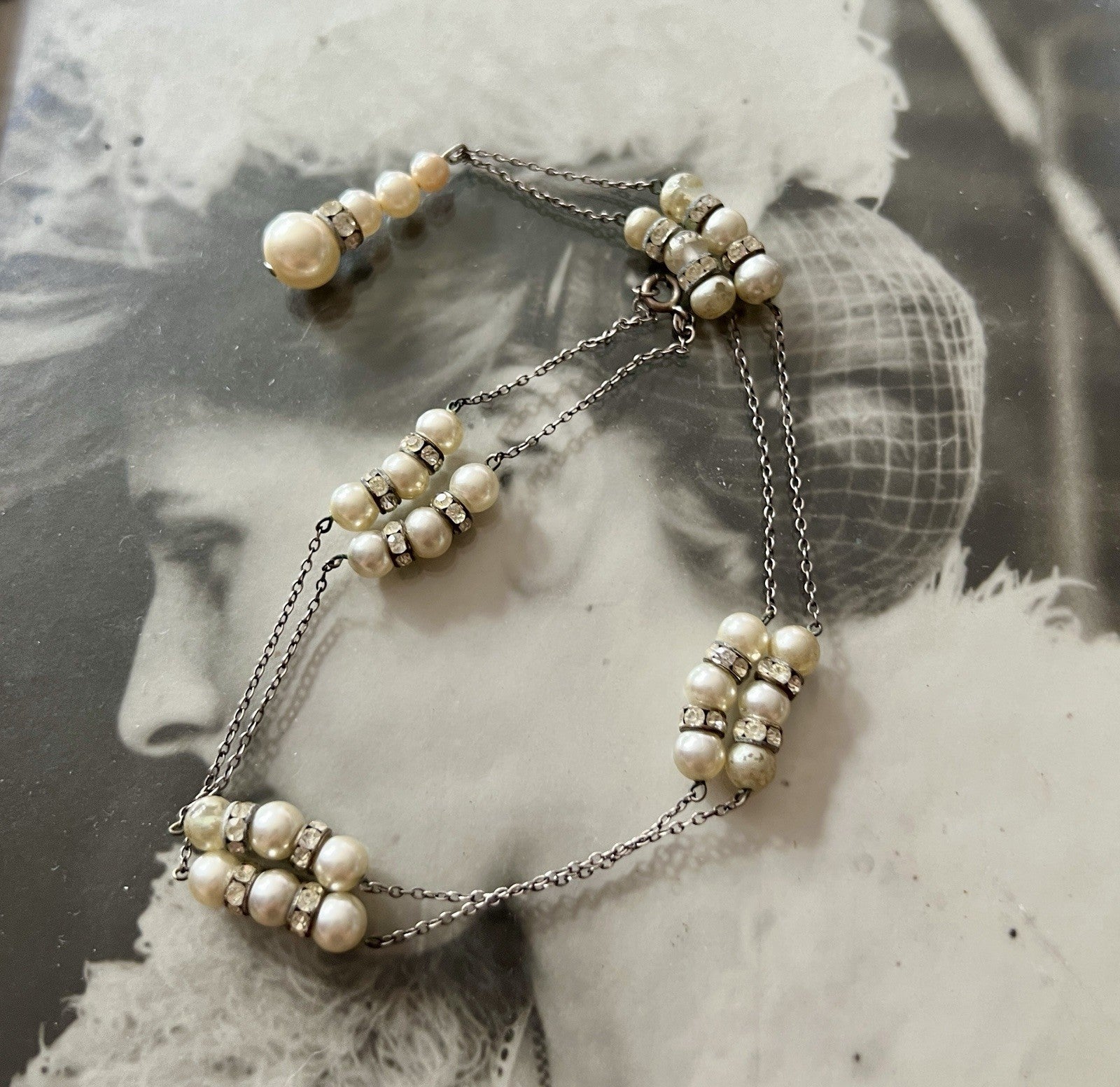 Vintage Antik? 835 Silber Collier Halskette Perlen Strass/ Steine?