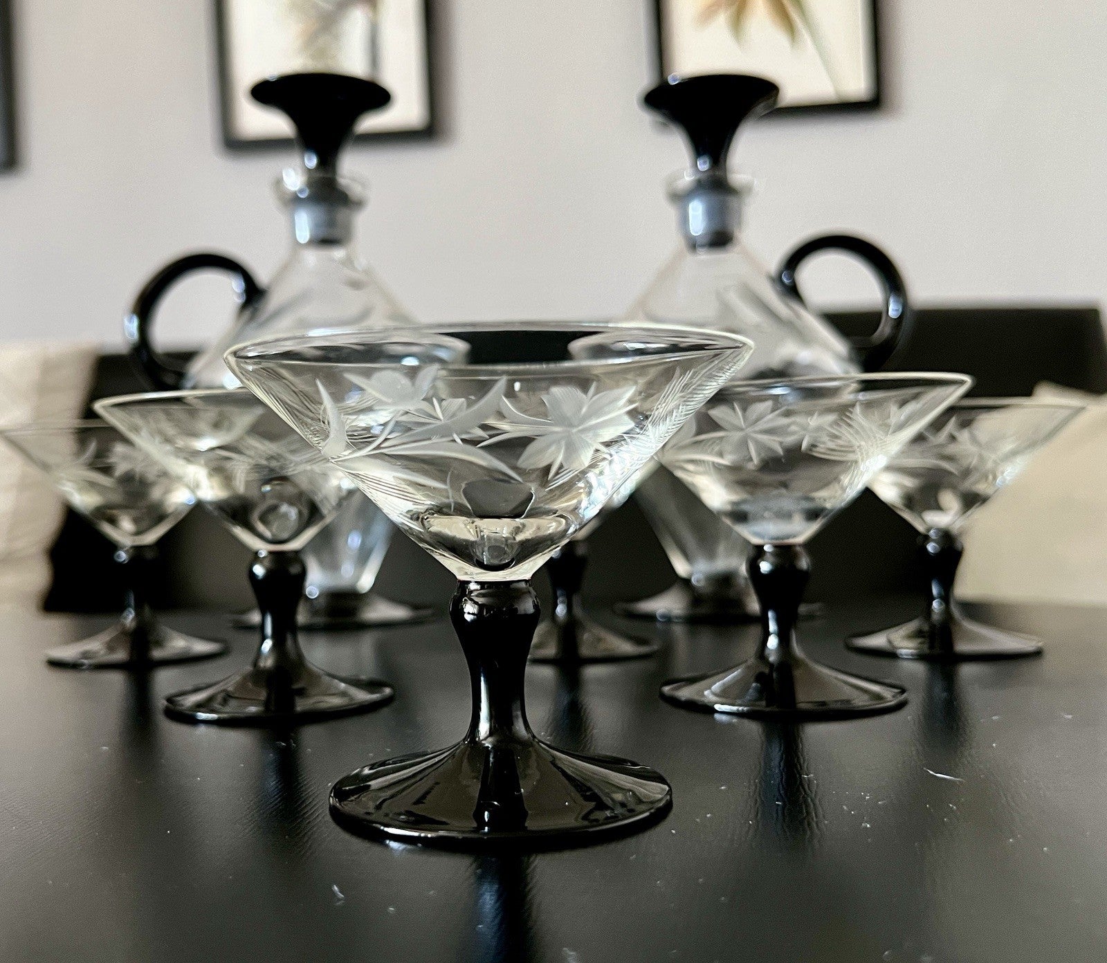 Antik Art Déco Likör 2x Karaffe & 6 Gläser Likörschalen Glas schwarz Stiel