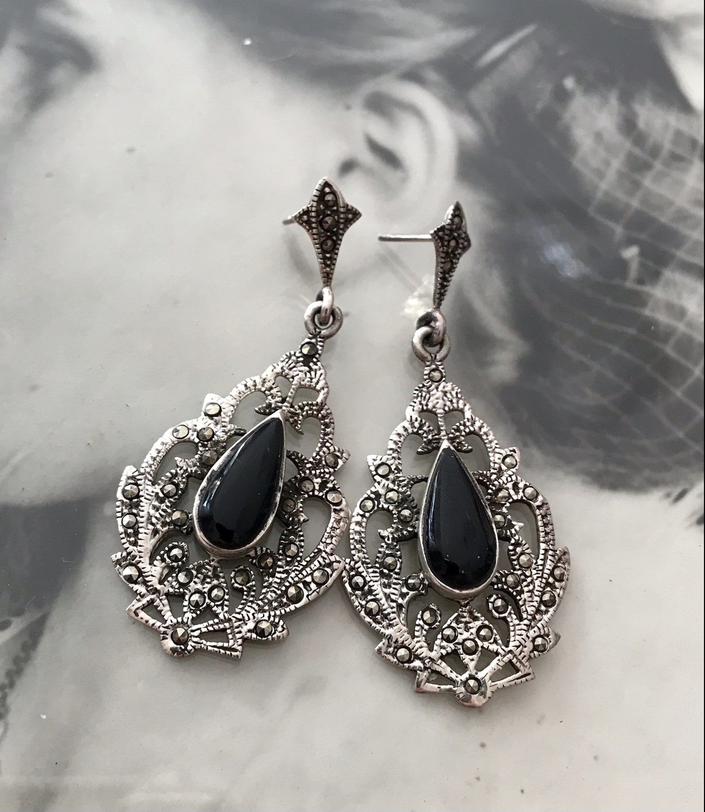 Antik Art Déco Wundervoll Ohrhänger Ohrringe DAMEN Silber 925 Onyx Markasite