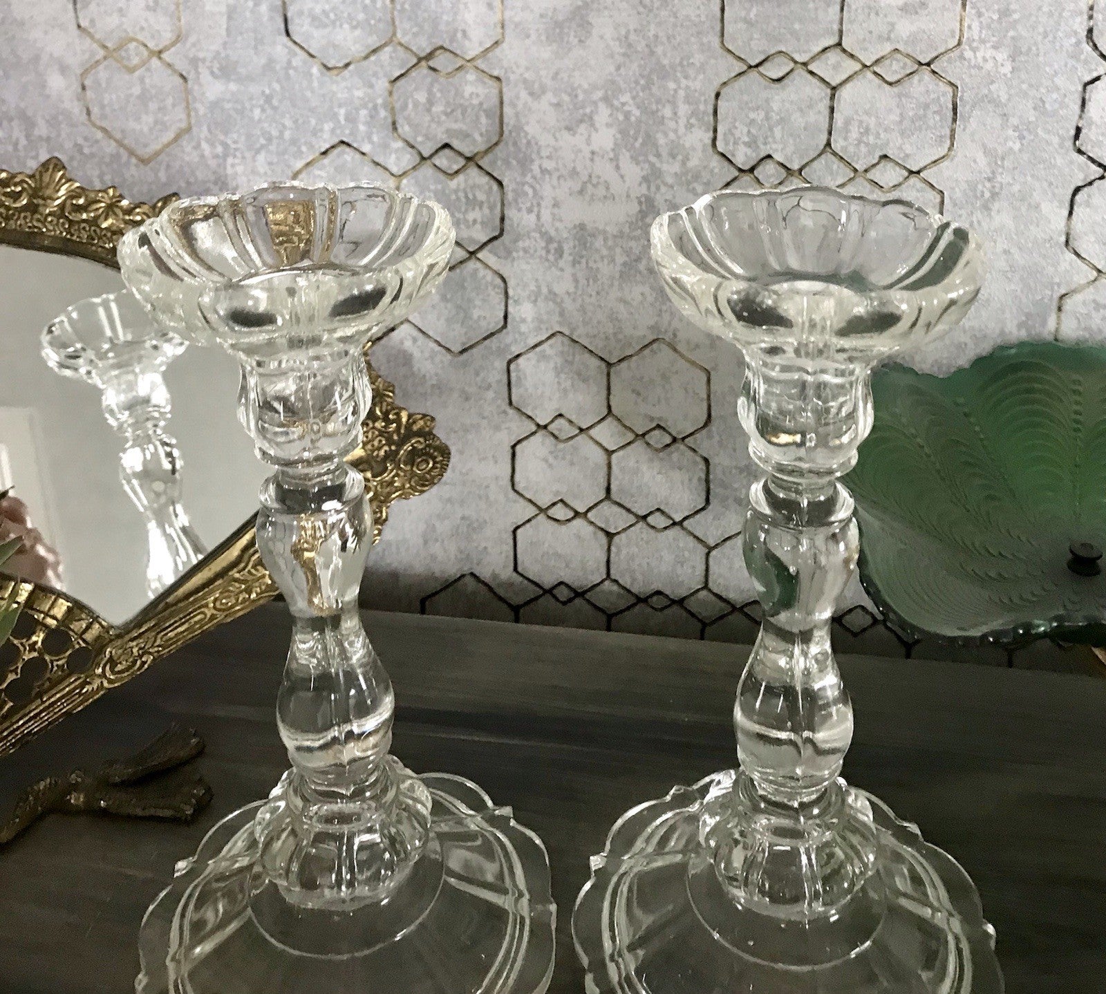 Antik Art Déco 2x Kerzenleuchter Leuchter Kerzenständer Pressglas Glas