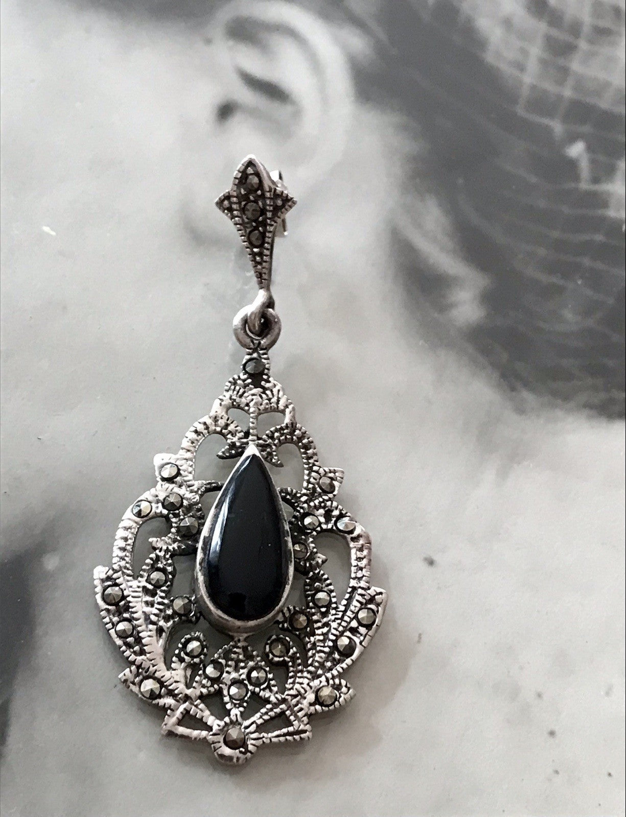 Antik Art Déco Wundervoll Ohrhänger Ohrringe DAMEN Silber 925 Onyx Markasite