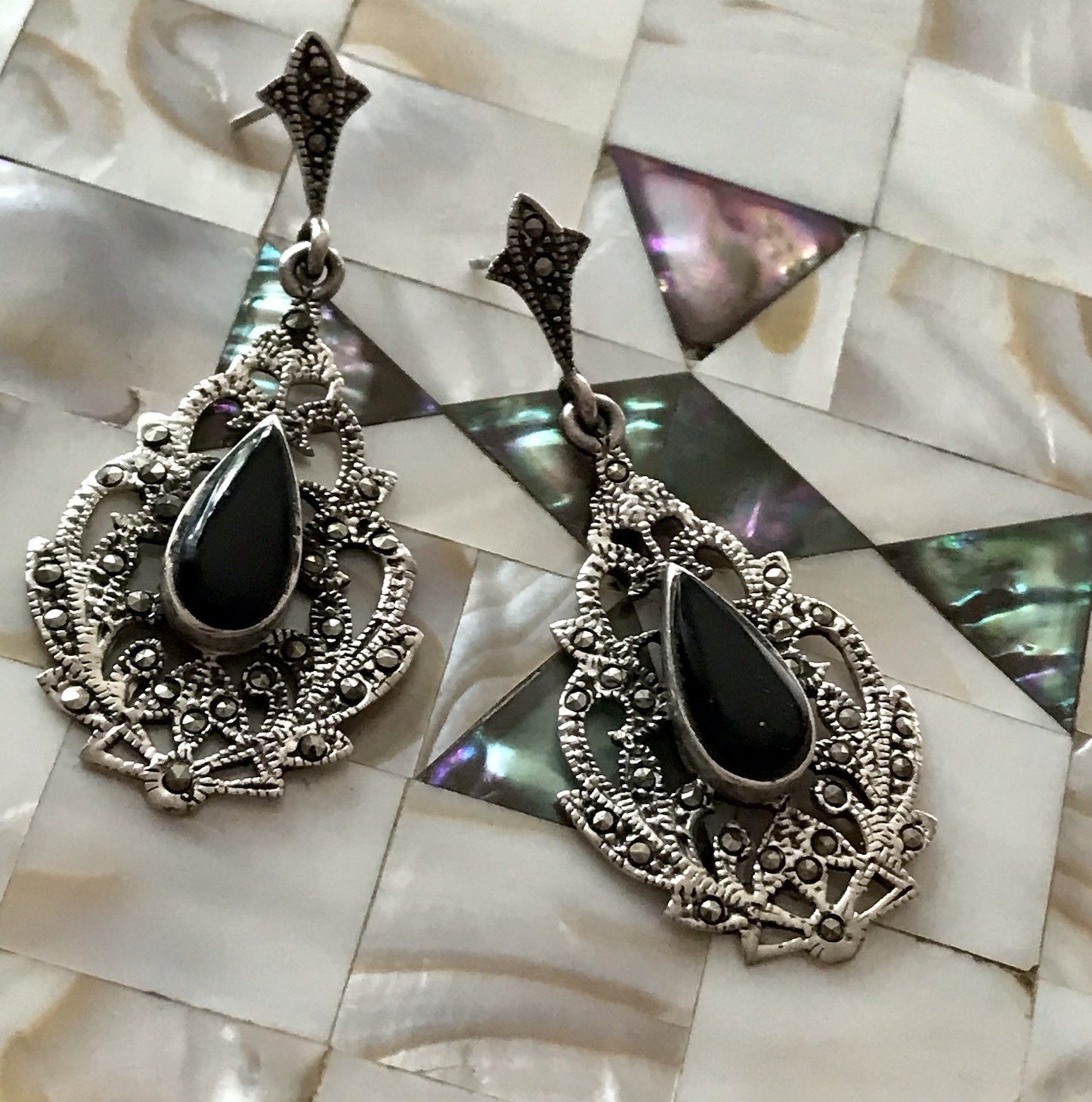 Antik Art Déco Wundervoll Ohrhänger Ohrringe DAMEN Silber 925 Onyx Markasite