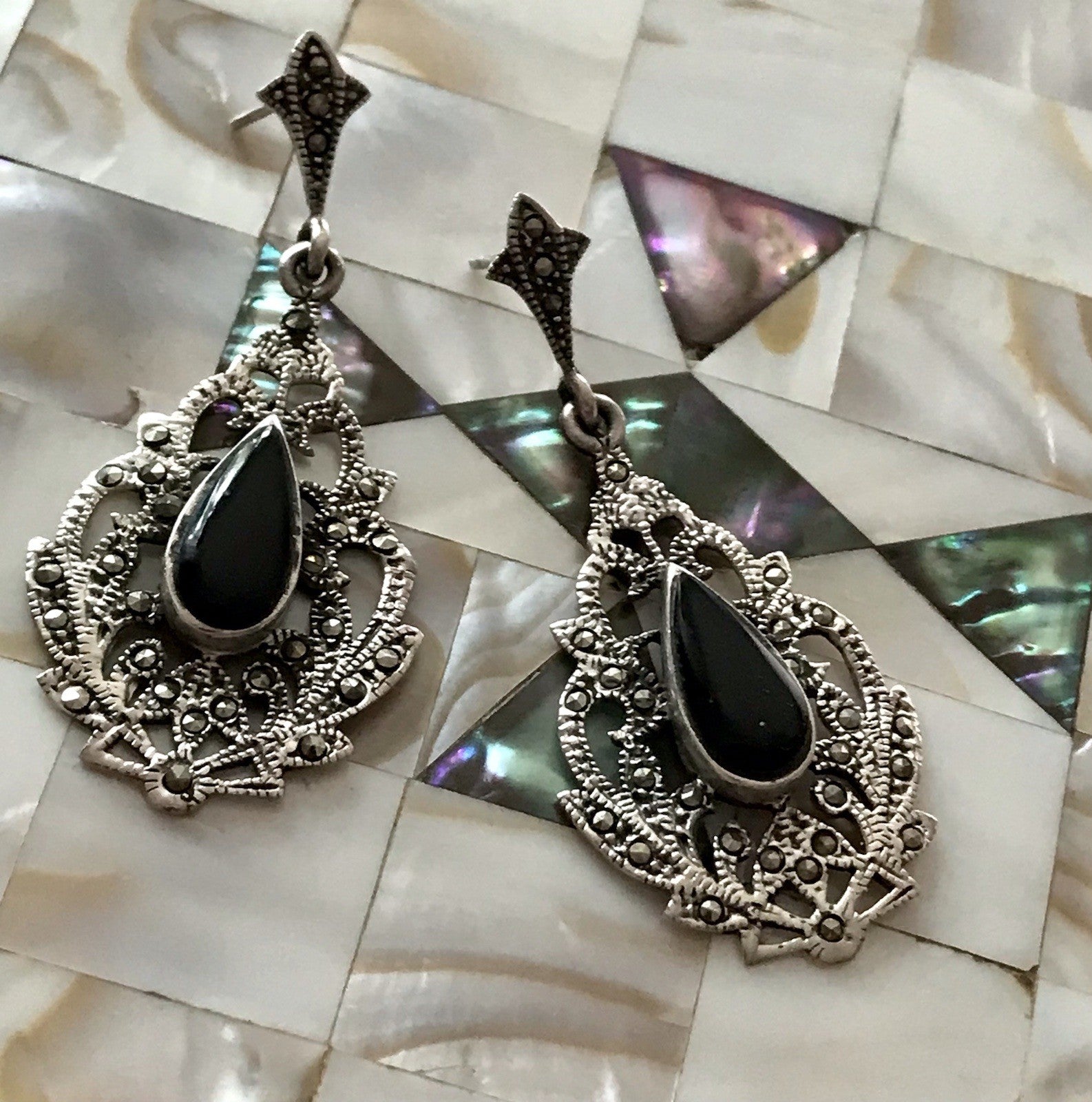 Antik Art Déco Wundervoll Ohrhänger Ohrringe DAMEN Silber 925 Onyx Markasite
