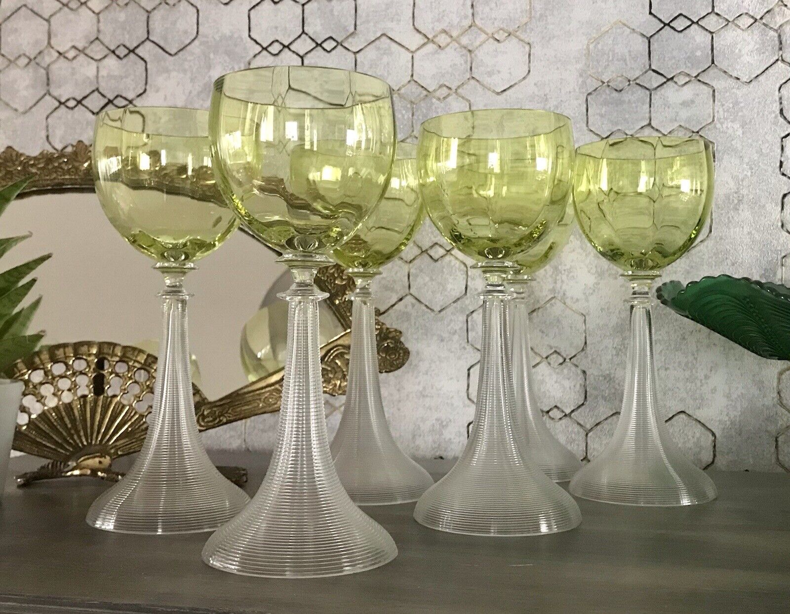 Antik Glas 6x Römer Weingläser Jugendstil Theresienthal ? optisch gerippt grün